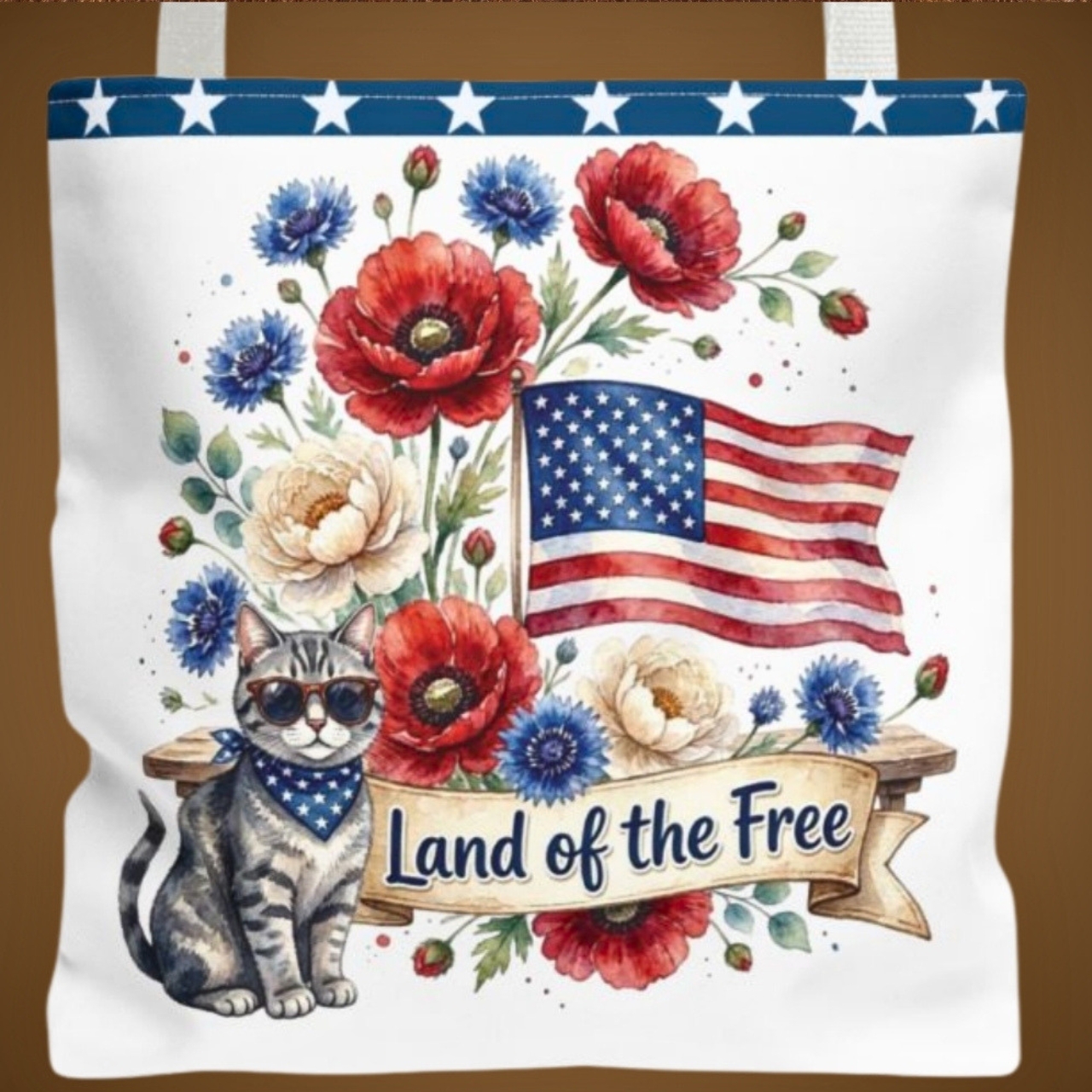 Land of the Free Cat Tote Bag | Patriotic Floral Tote, Americana Cat Lover Gift product thumbnail image Land of the Free Cat Tote Bag | Patriotic Floral Tote, Americana Cat Lover Gift product thumbnail image