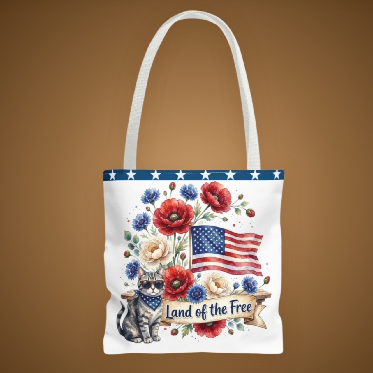 Land of the Free Cat Tote Bag | Patriotic Floral Tote, Americana Cat Lover Gift product thumbnail image Land of the Free Cat Tote Bag | Patriotic Floral Tote, Americana Cat Lover Gift product thumbnail image