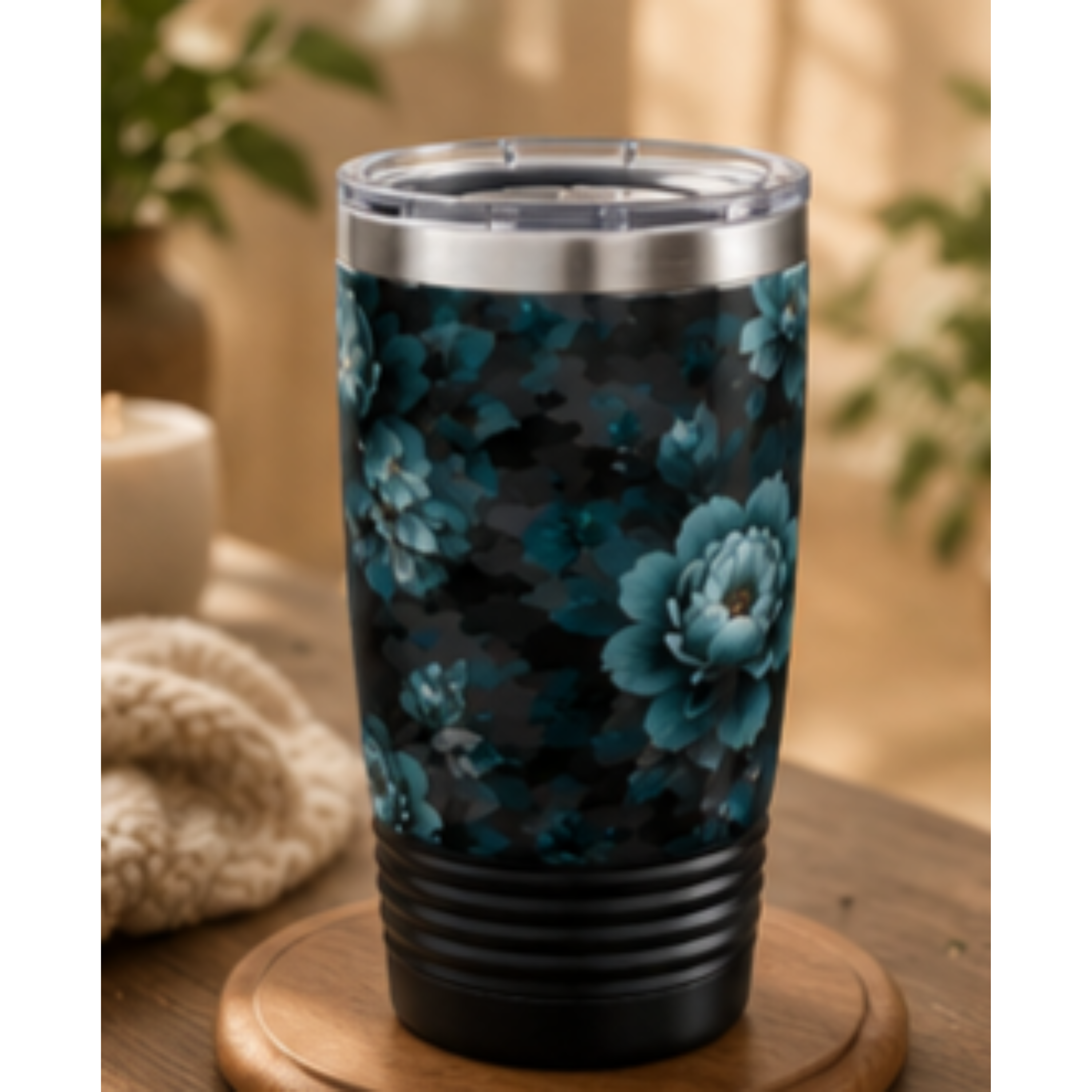 20oz Floral Tumbler – Teal Peony Ringneck Insulated Travel Cup product thumbnail image