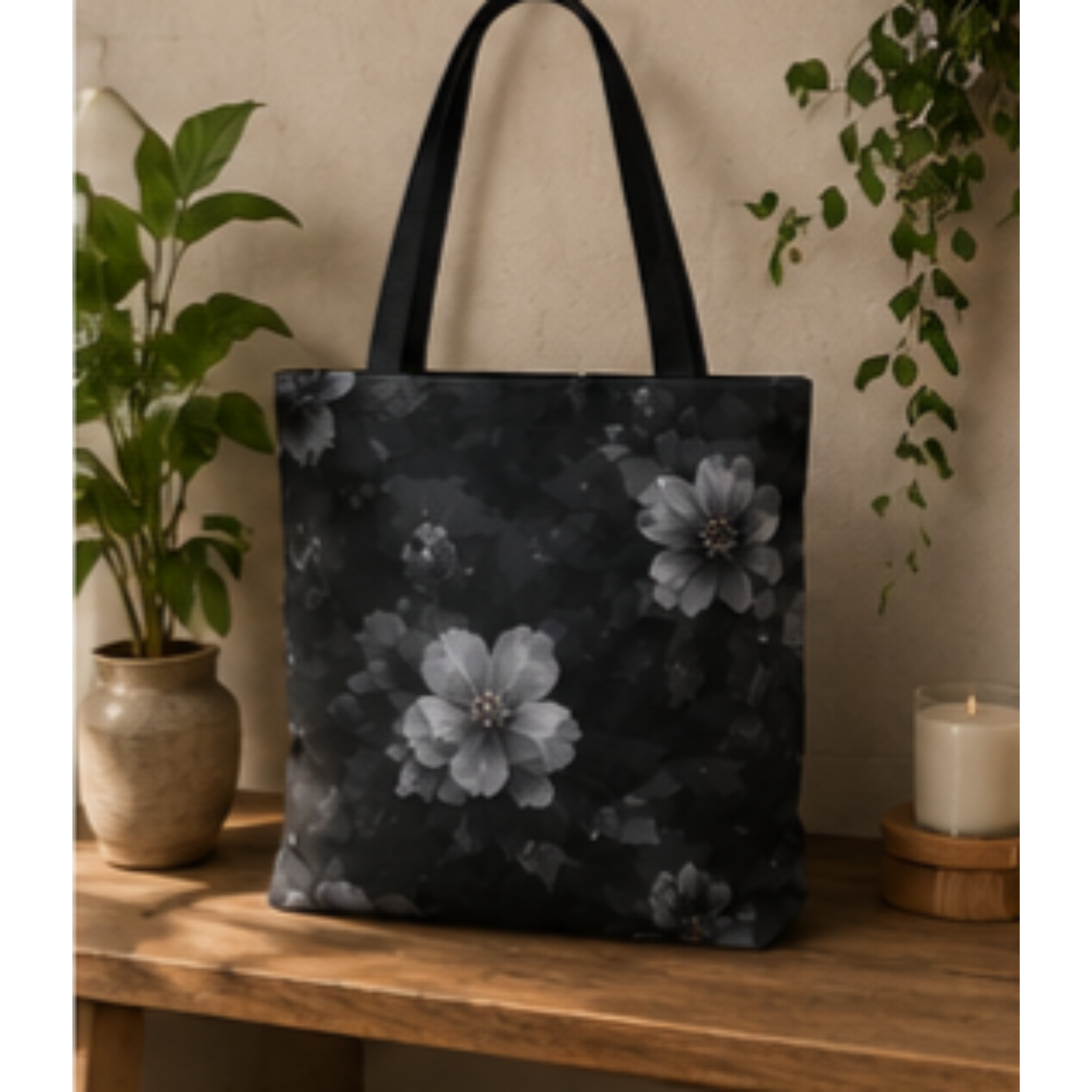 Floral Black & Gray Tote Bag – Monochrome Bloom All-Over Print product thumbnail image Floral Black & Gray Tote Bag – Monochrome Bloom All-Over Print product thumbnail image