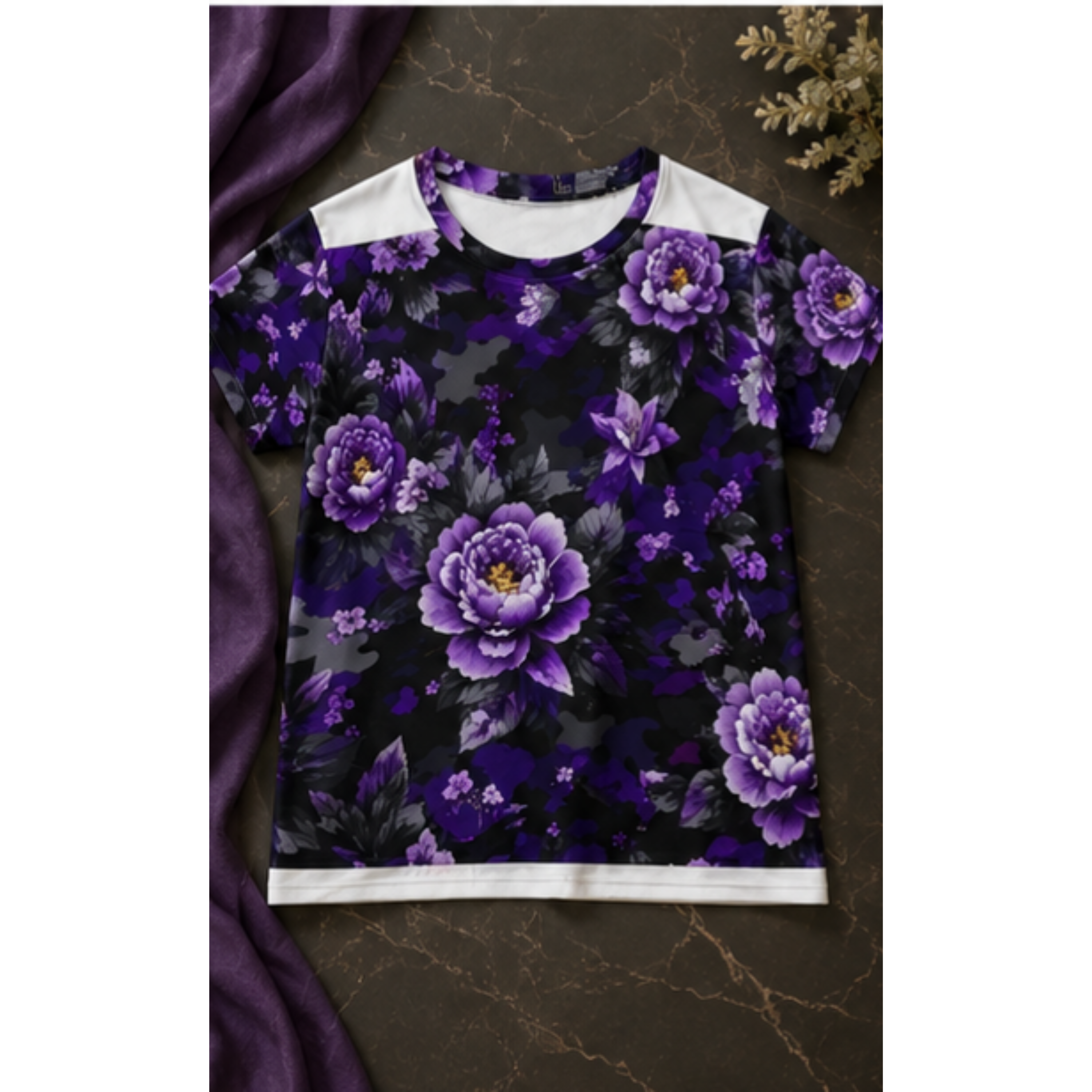 Purple Floral Camo Women’s Short Sleeve Shirt product thumbnail image Purple Floral Camo Women’s Short Sleeve Shirt product thumbnail image