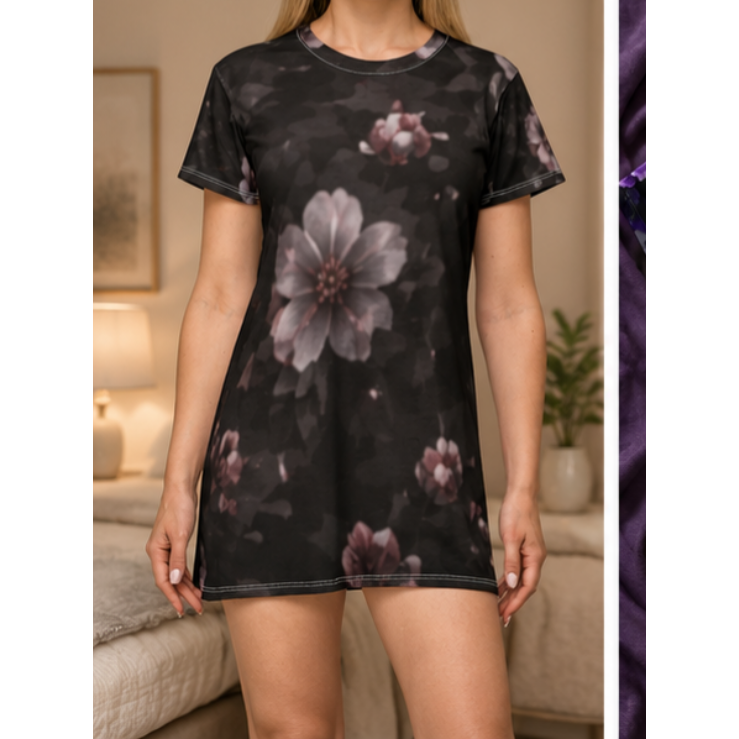 Floral Nighttime T-Shirt Dress – Moody Cherry Blossom All-Over Print product thumbnail image Floral Nighttime T-Shirt Dress – Moody Cherry Blossom All-Over Print product thumbnail image