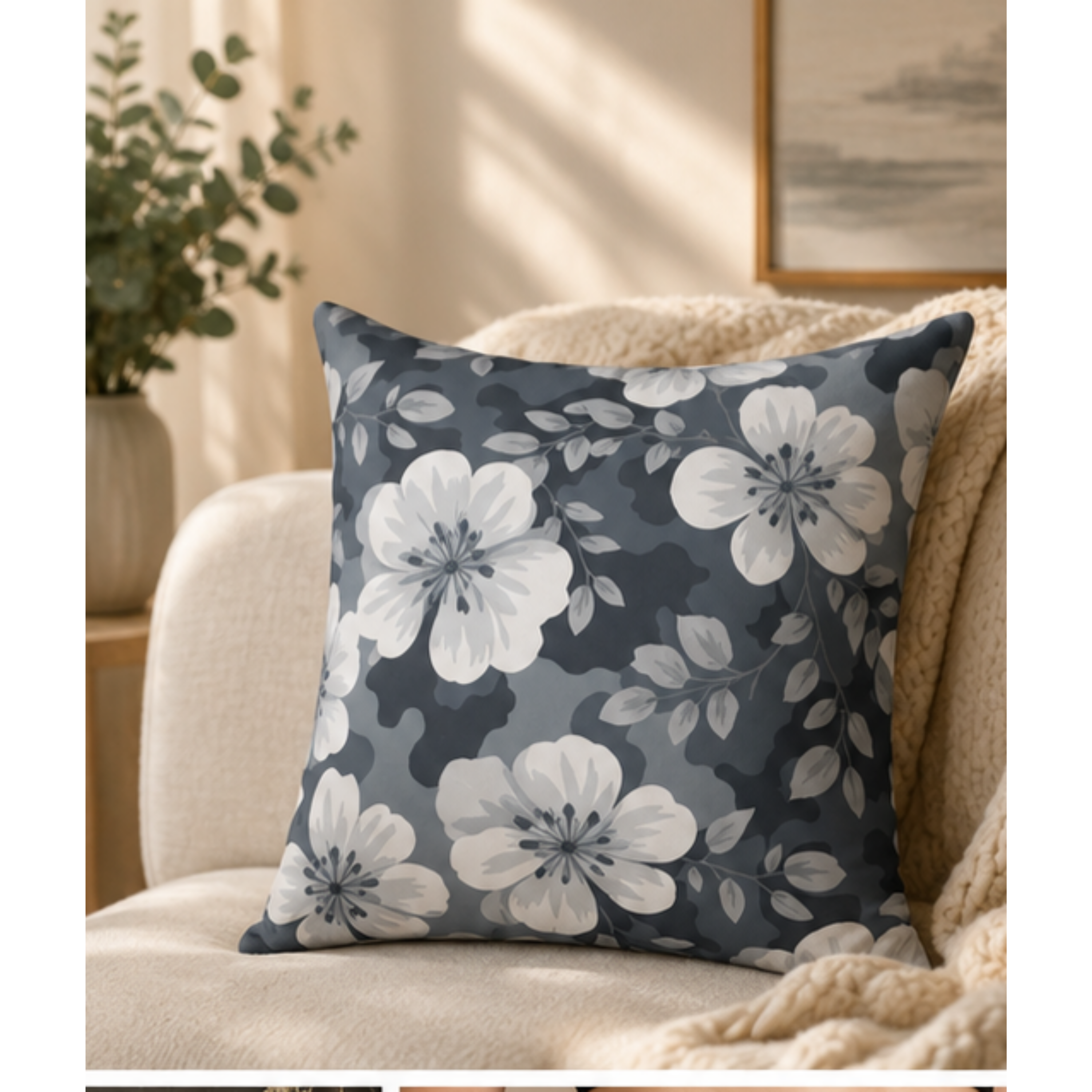 Floral Canvas Pillow — Grey White Blossom Square Throw Pillow product thumbnail image Floral Canvas Pillow — Grey White Blossom Square Throw Pillow product thumbnail image