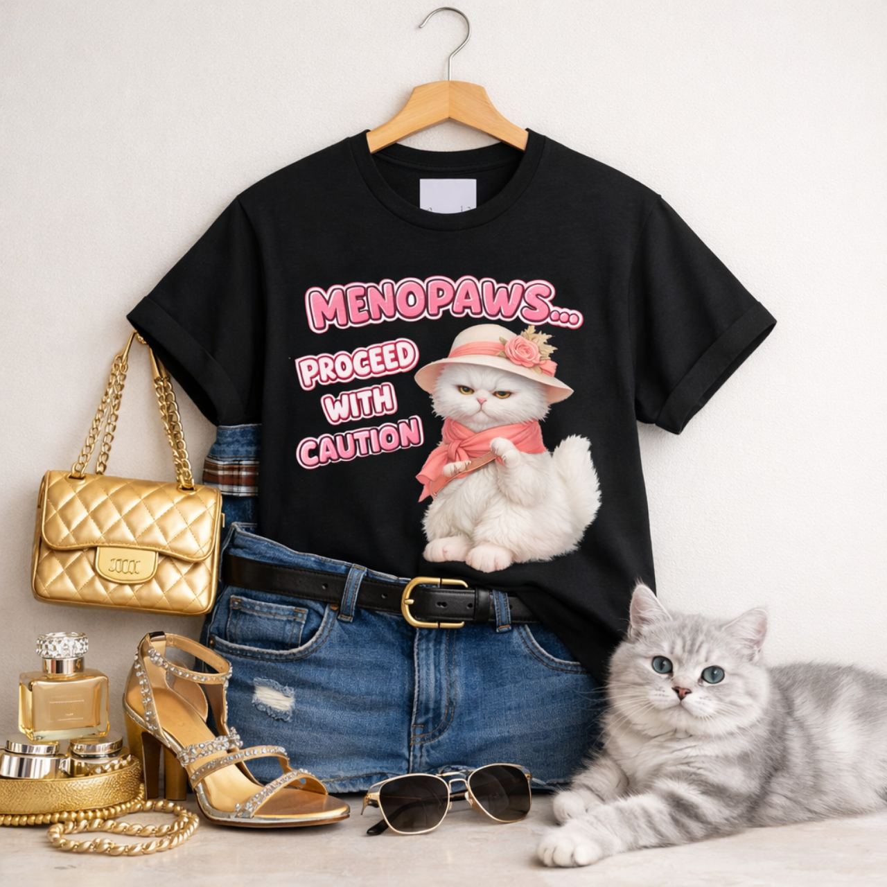 Menopaws Cat T-Shirt — 'Menopaws... Proceed With Caution' Cute Retro Cat Tee product thumbnail image