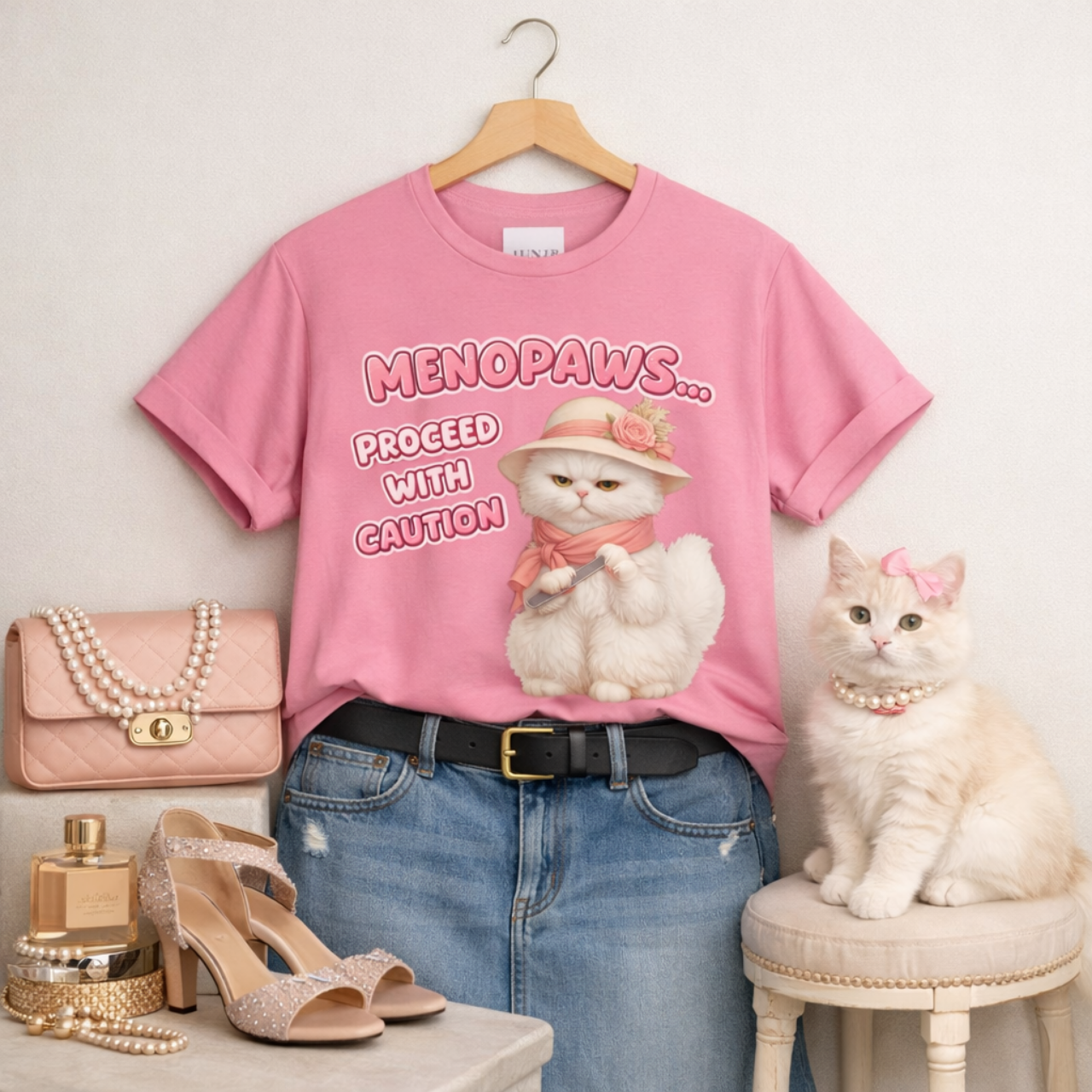 Menopaws Cat T-Shirt — 'Menopaws... Proceed With Caution' Cute Retro Cat Tee product thumbnail image Menopaws Cat T-Shirt — 'Menopaws... Proceed With Caution' Cute Retro Cat Tee product thumbnail image