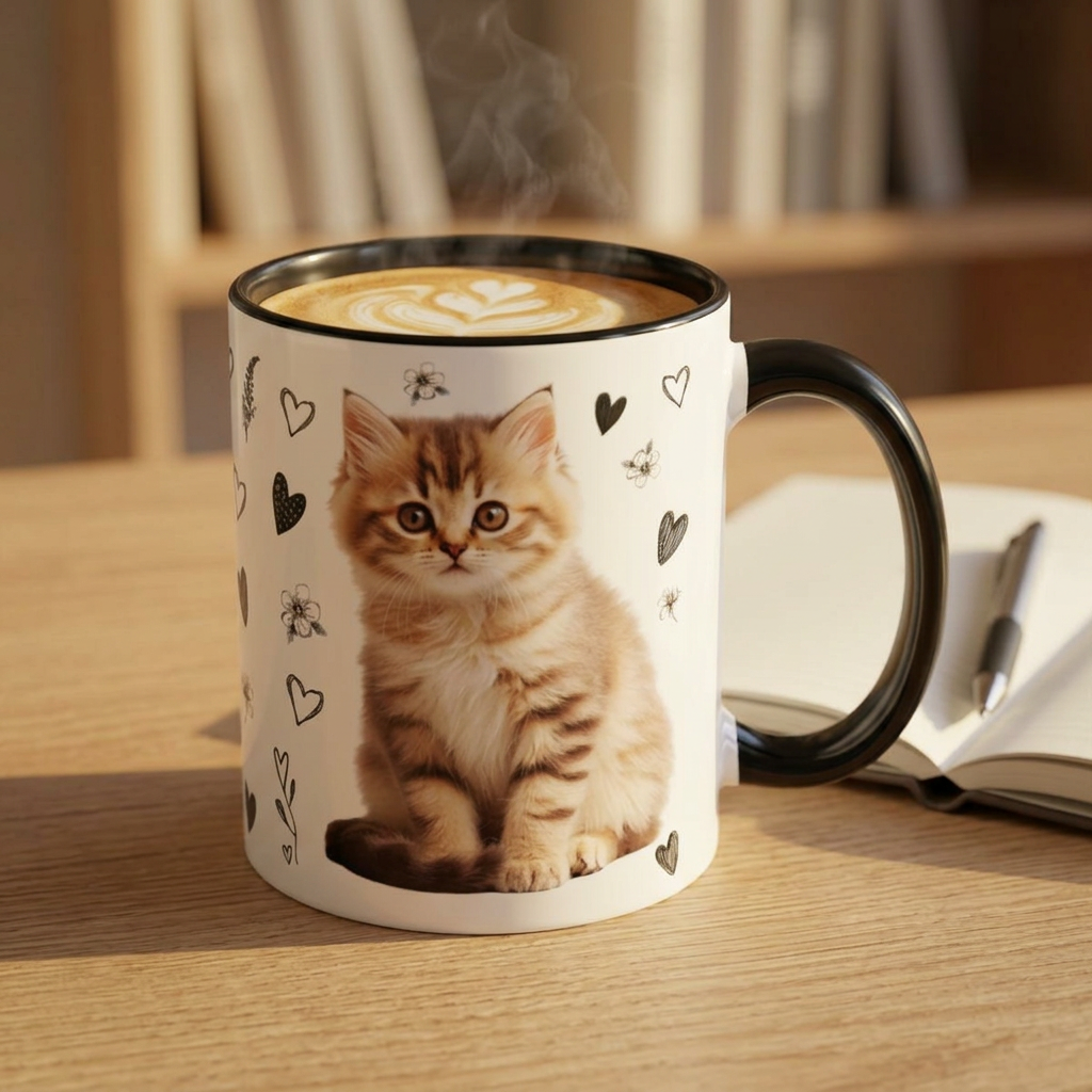 Cute Kitten Heart Pattern Accent Coffee Mug — Cat Lover Gift (11oz) product thumbnail image