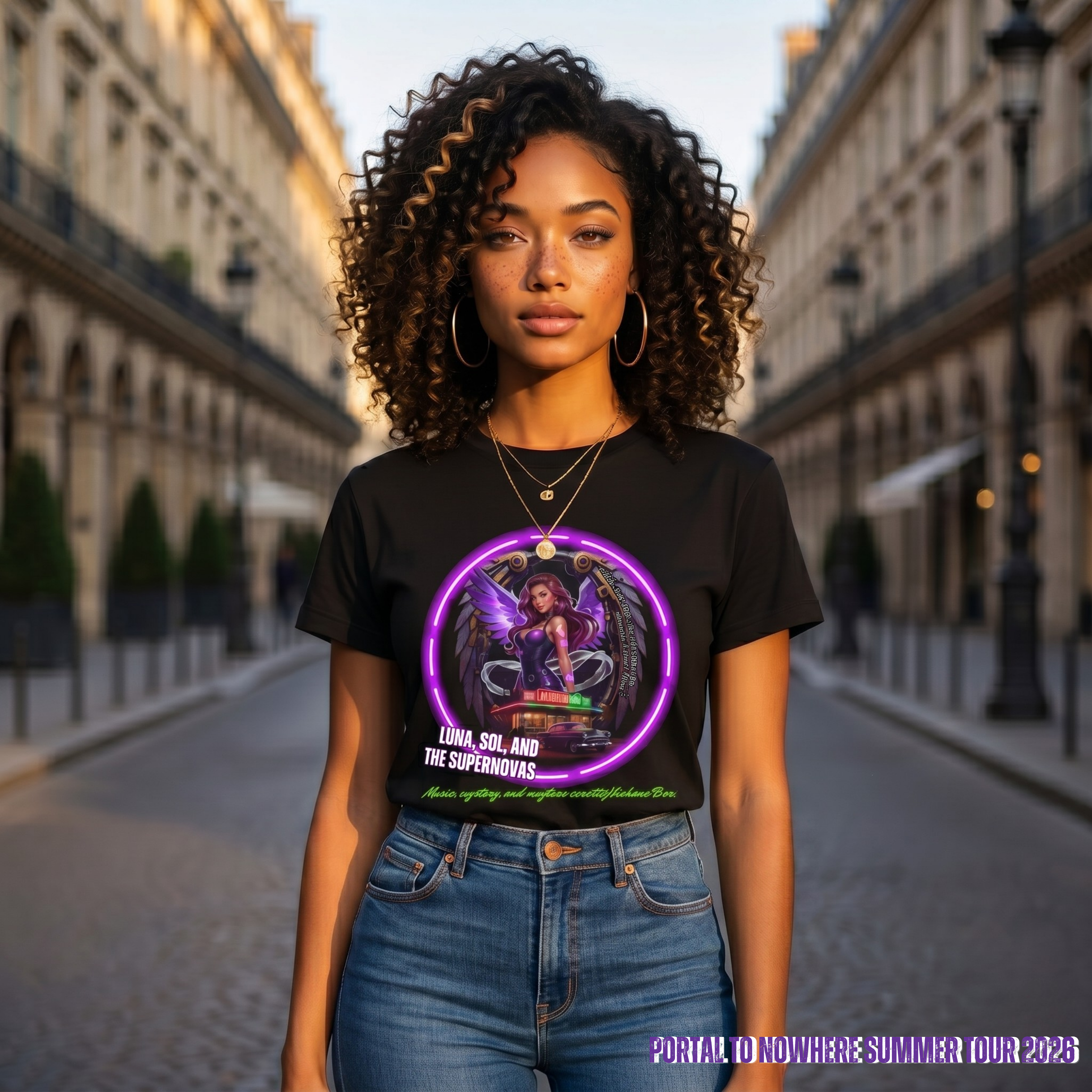 Luna, Sol, and the Supernovas Tee | Neon Fantasy Band Shirt | Retro Americana Cosmic Art