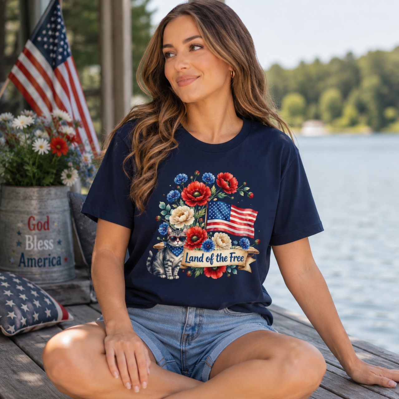 Land of the Free Cat Patriotic Shirt  | Americana Cat Lover Tee product thumbnail image