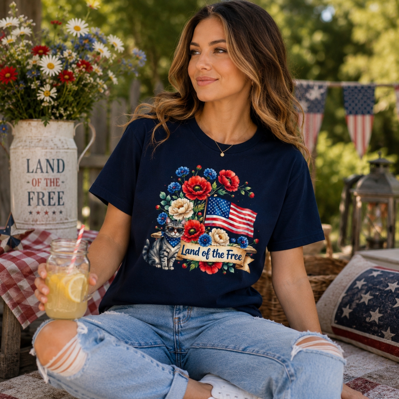Land of the Free Cat Patriotic Shirt | Americana Cat Lover Tee product thumbnail image Land of the Free Cat Patriotic Shirt | Americana Cat Lover Tee product thumbnail image