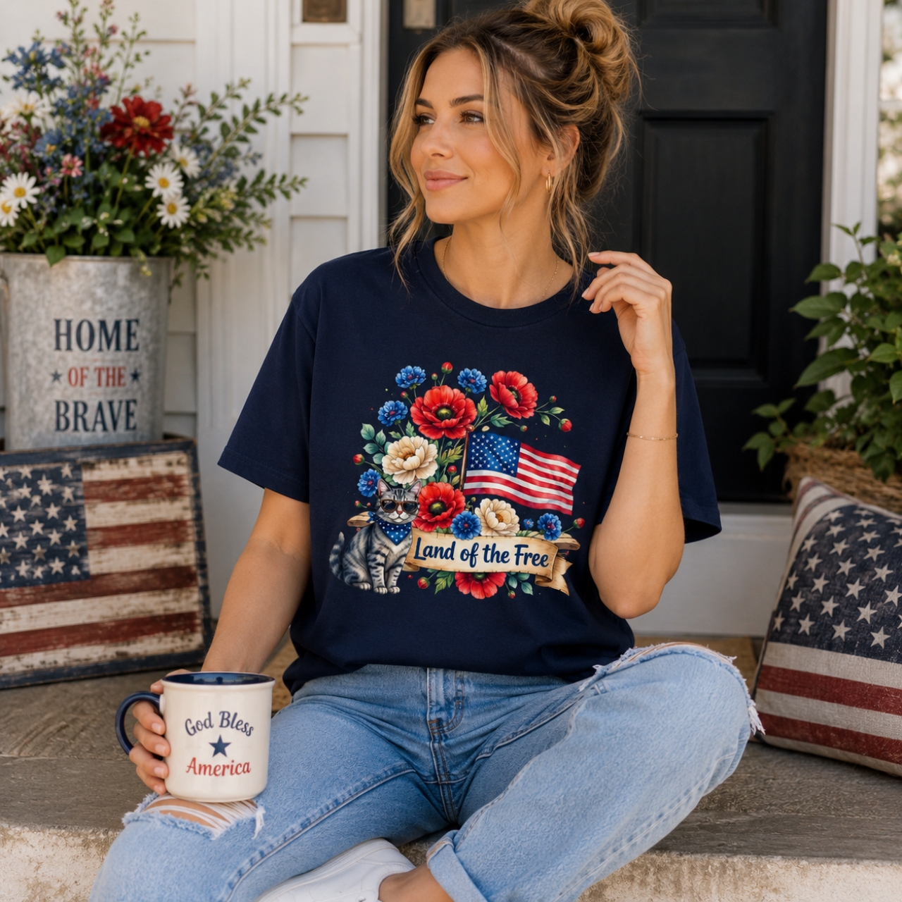 Land of the Free Cat Patriotic Shirt  | Americana Cat Lover Tee product thumbnail image