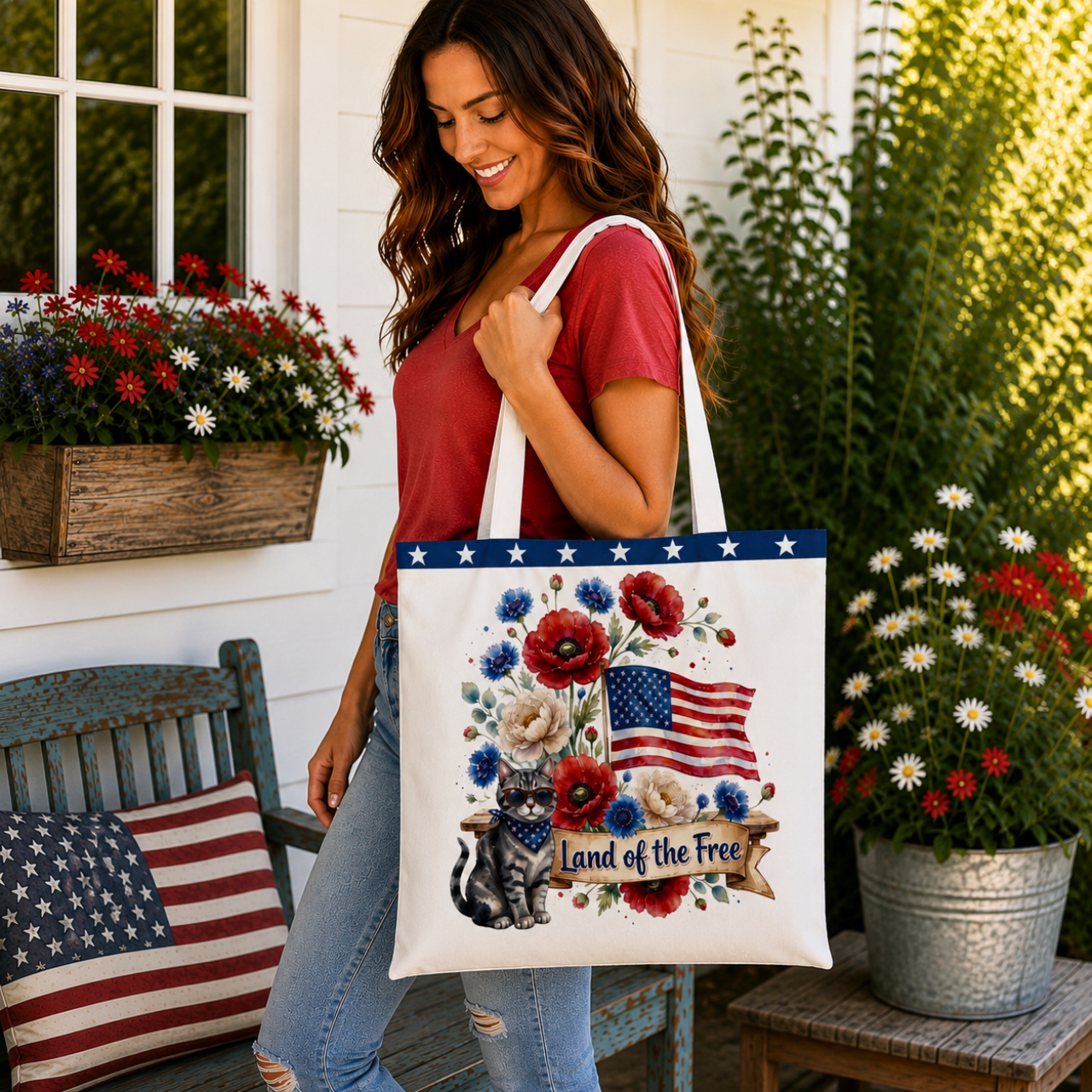 Land of the Free Cat Tote Bag | Patriotic Floral Tote, Americana Cat Lover Gift product thumbnail image