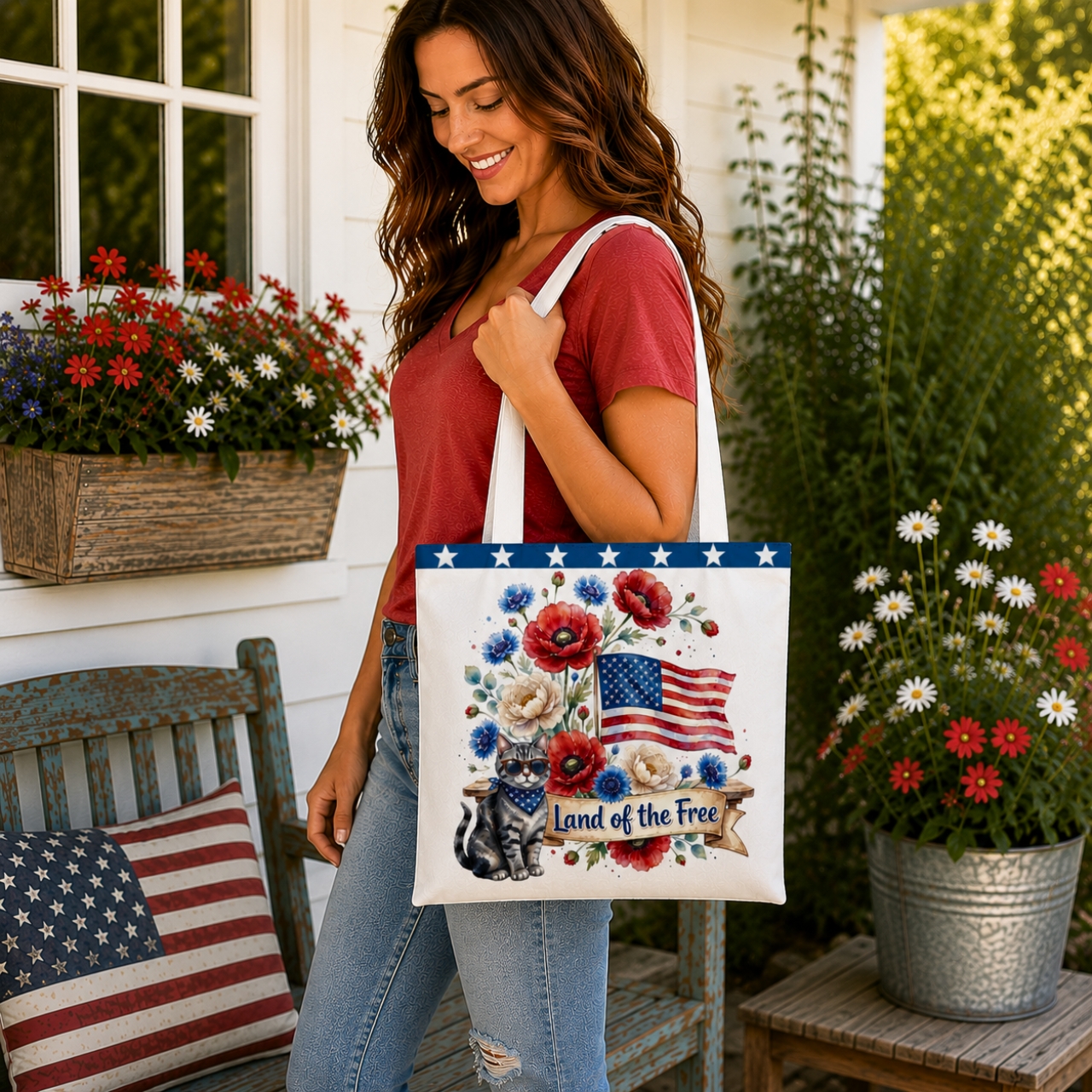 Land of the Free Cat Tote Bag | Patriotic Floral Tote, Americana Cat Lover Gift product thumbnail image
