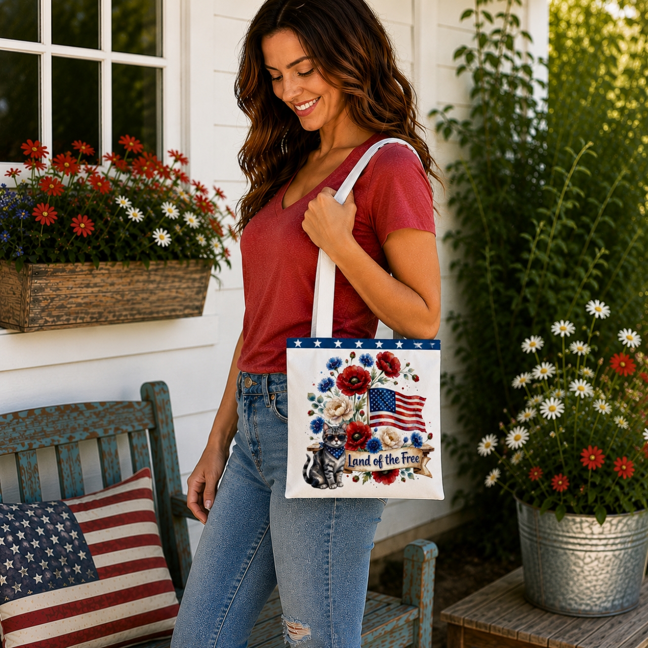 Land of the Free Cat Tote Bag | Patriotic Floral Tote, Americana Cat Lover Gift product thumbnail image Land of the Free Cat Tote Bag | Patriotic Floral Tote, Americana Cat Lover Gift product thumbnail image