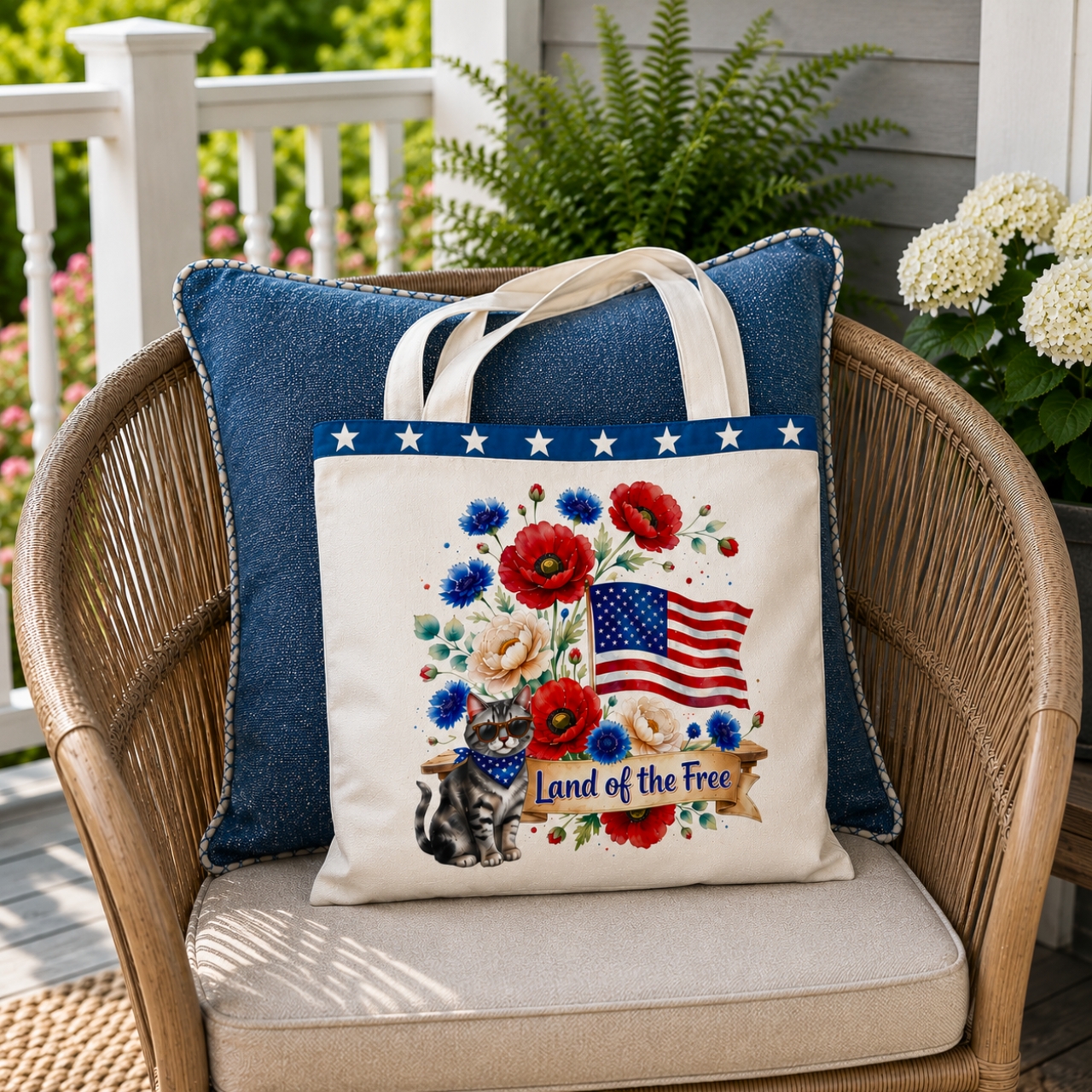 Land of the Free Cat Tote Bag | Patriotic Floral Tote, Americana Cat Lover Gift product thumbnail image