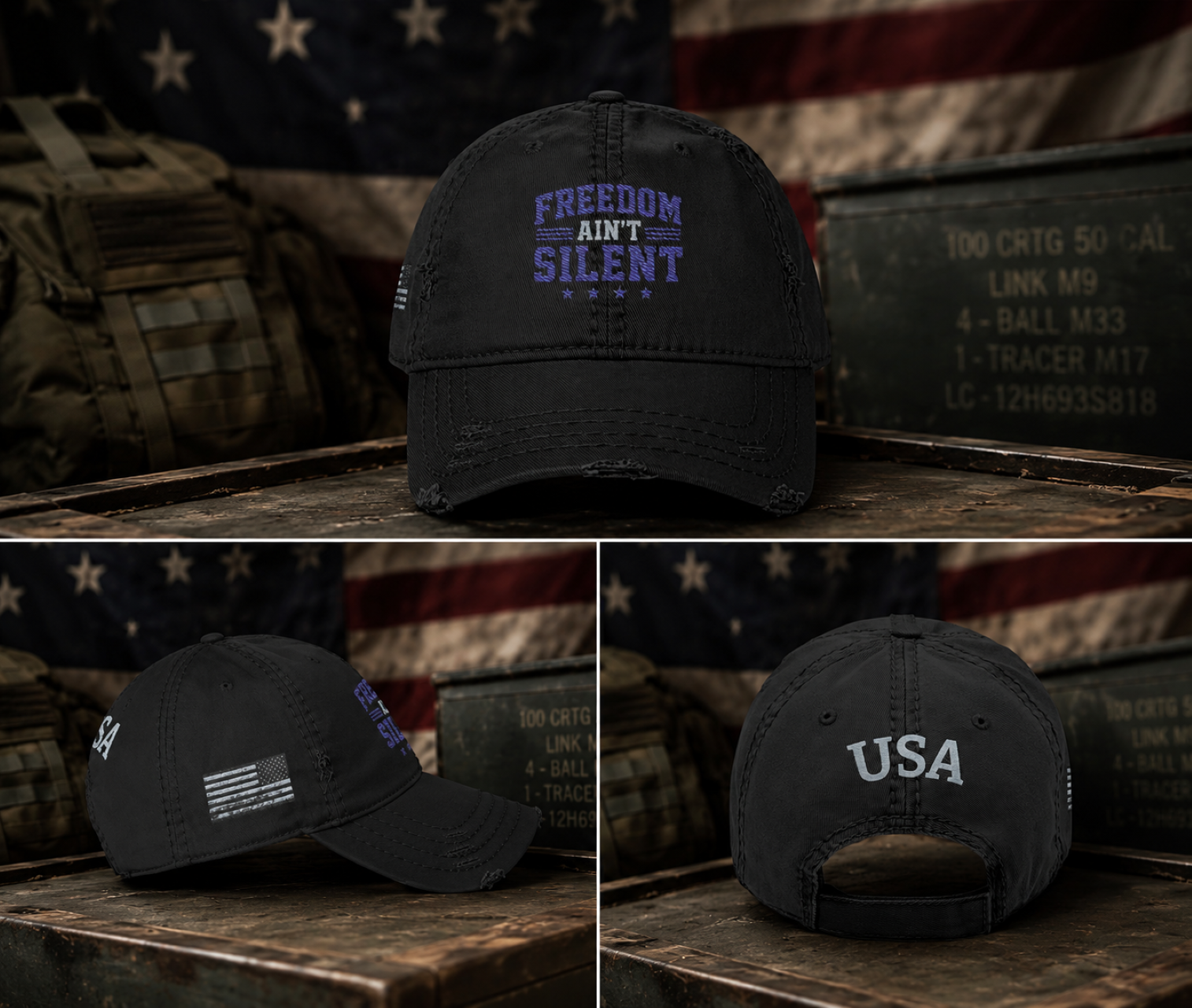 "Freedom Ain't Silent" Embroidered — Distressed USA Baseball Cap