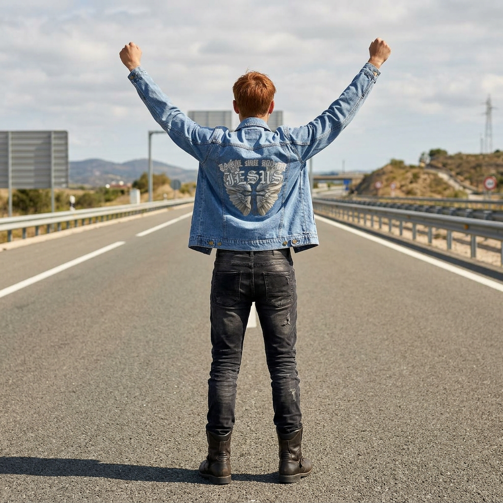 Denim Jacket — Angel Wings Take me home Jesus' Back Graphic Spiritual Trucker Jacket product thumbnail image
