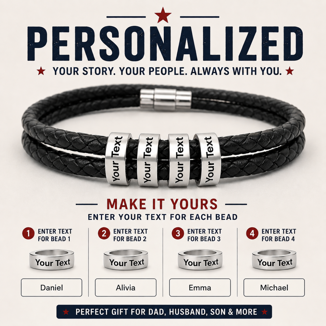 Personalized Engraved Leather Bracelet with Beads — Custom Name Bracelet product thumbnail image
