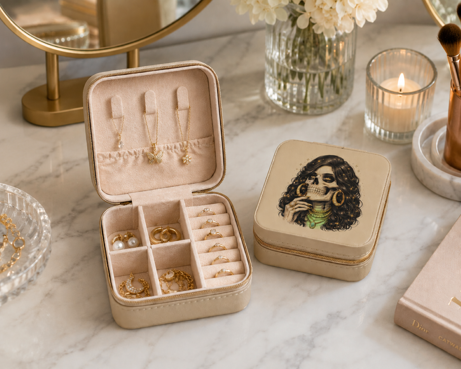 Glam Skull Travel Jewelry Case, Edgy Jewelry Box for Women, Gothic Chic Organizer, Gold Jewelry Skull Design, 4x4 Travel Case Gift