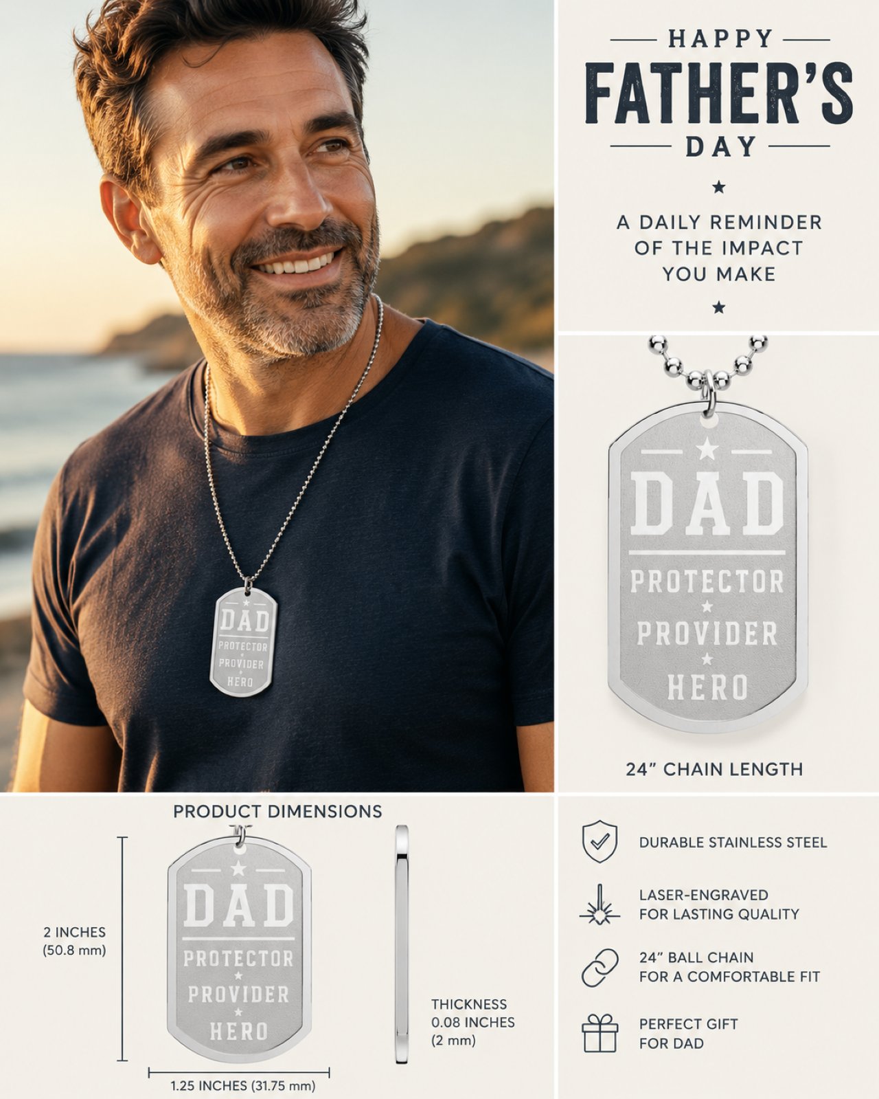 Dad Dog Tag Necklace — “DAD Protector • Provider • Hero” Stainless Steel Gift