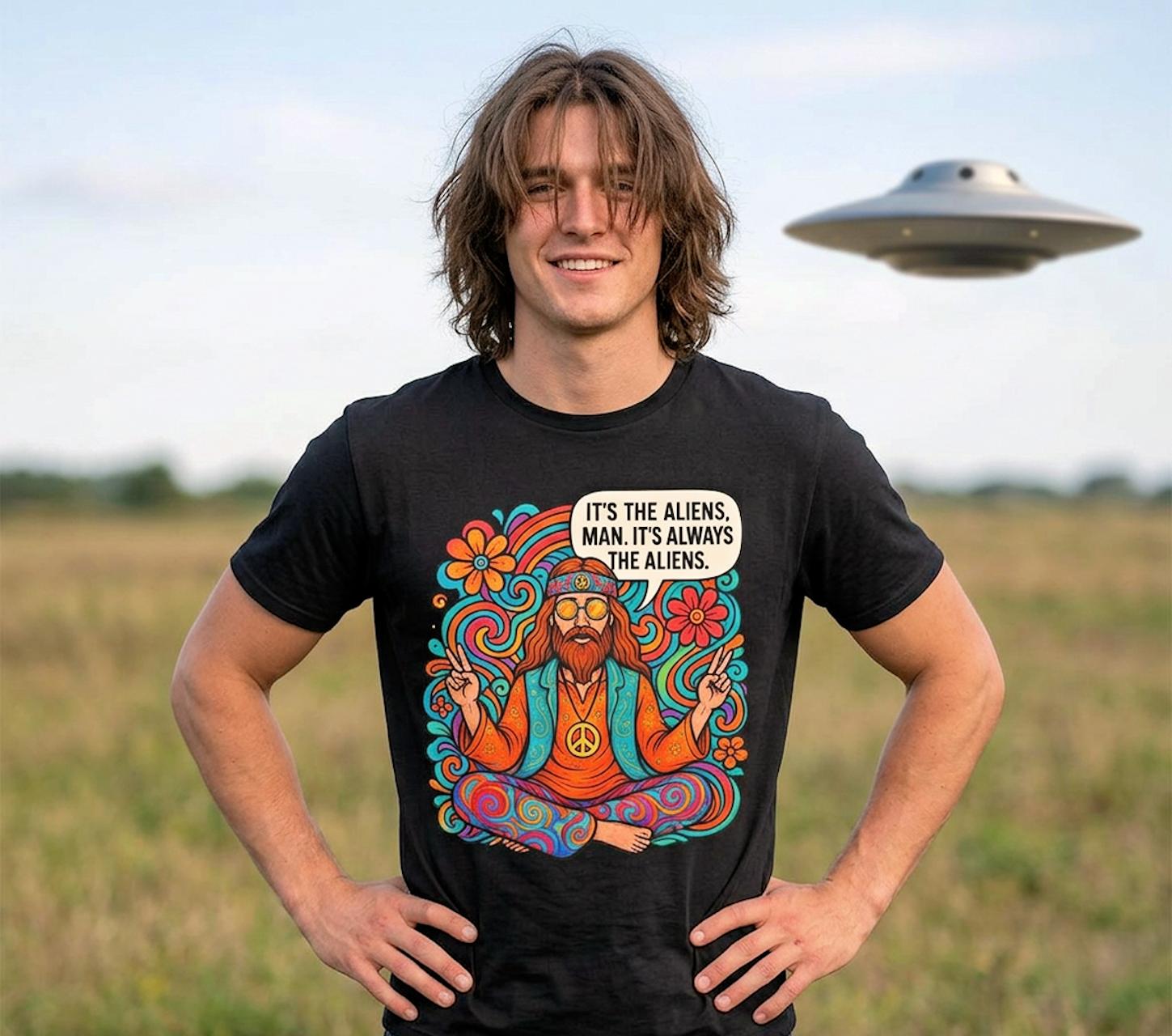 Hipster Hippie T‑Shirt – "It's the Aliens, Man" Retro Peace Tee product thumbnail image