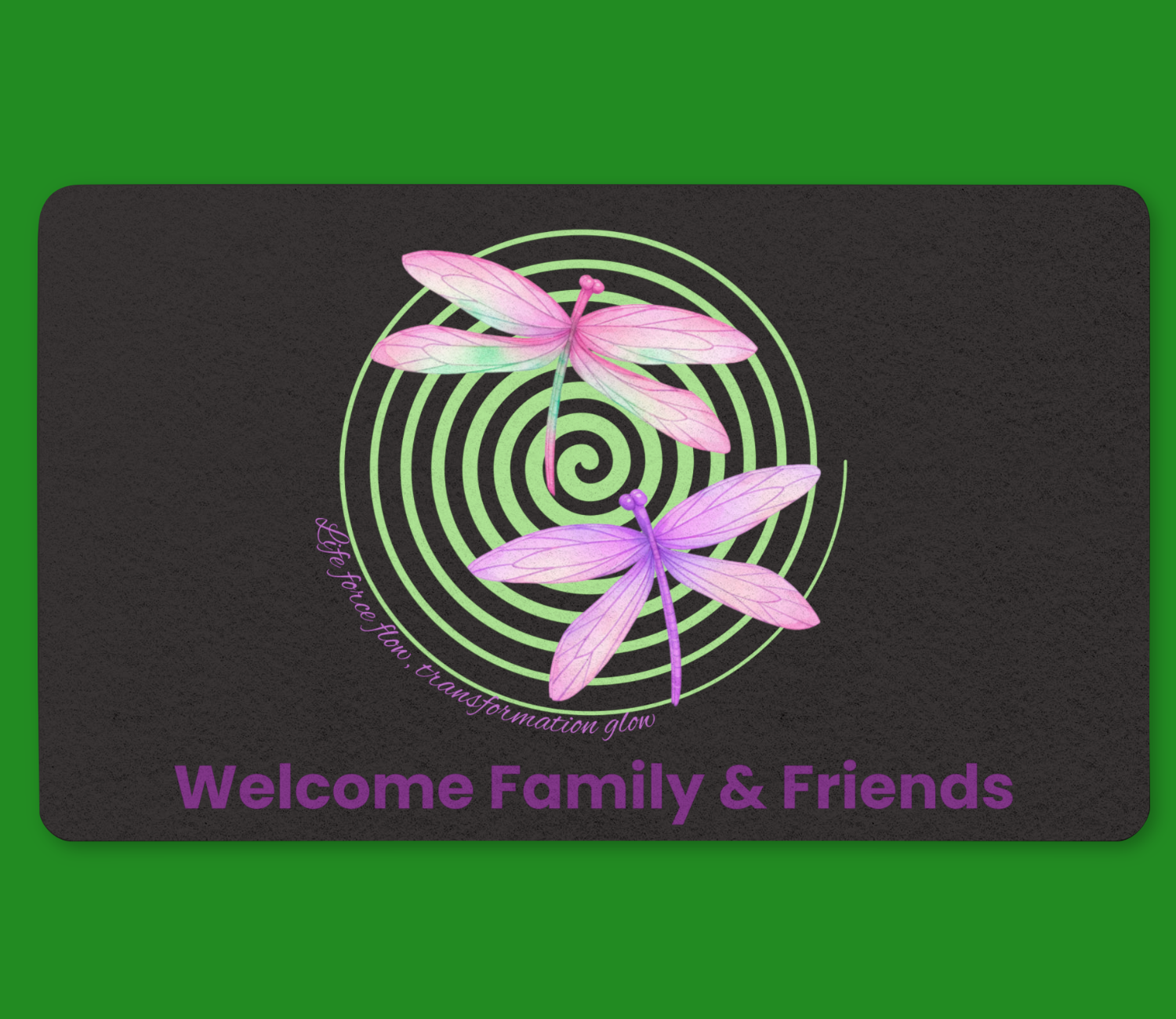 Dragonfly Life Force Flow - Transformation Glow Doormat — Pink &amp; Purple Dragonflies on Green Spiral Welcome Mat (PERSONALIZE) product thumbnail image