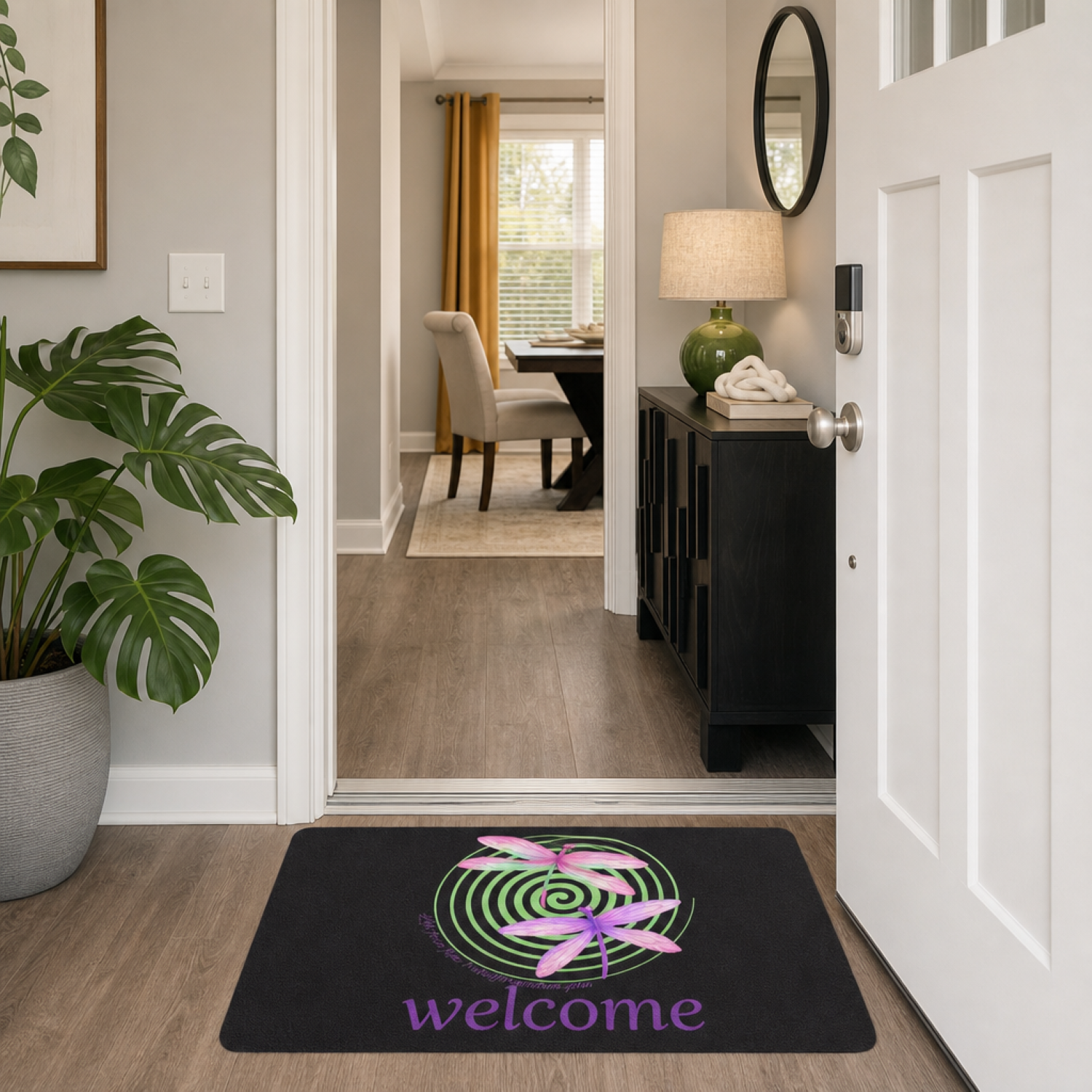 Dragonfly Life Force Flow - Transformation Glow Doormat — Pink &amp; Purple Dragonflies on Green Spiral Welcome Mat (PERSONALIZE) product thumbnail image