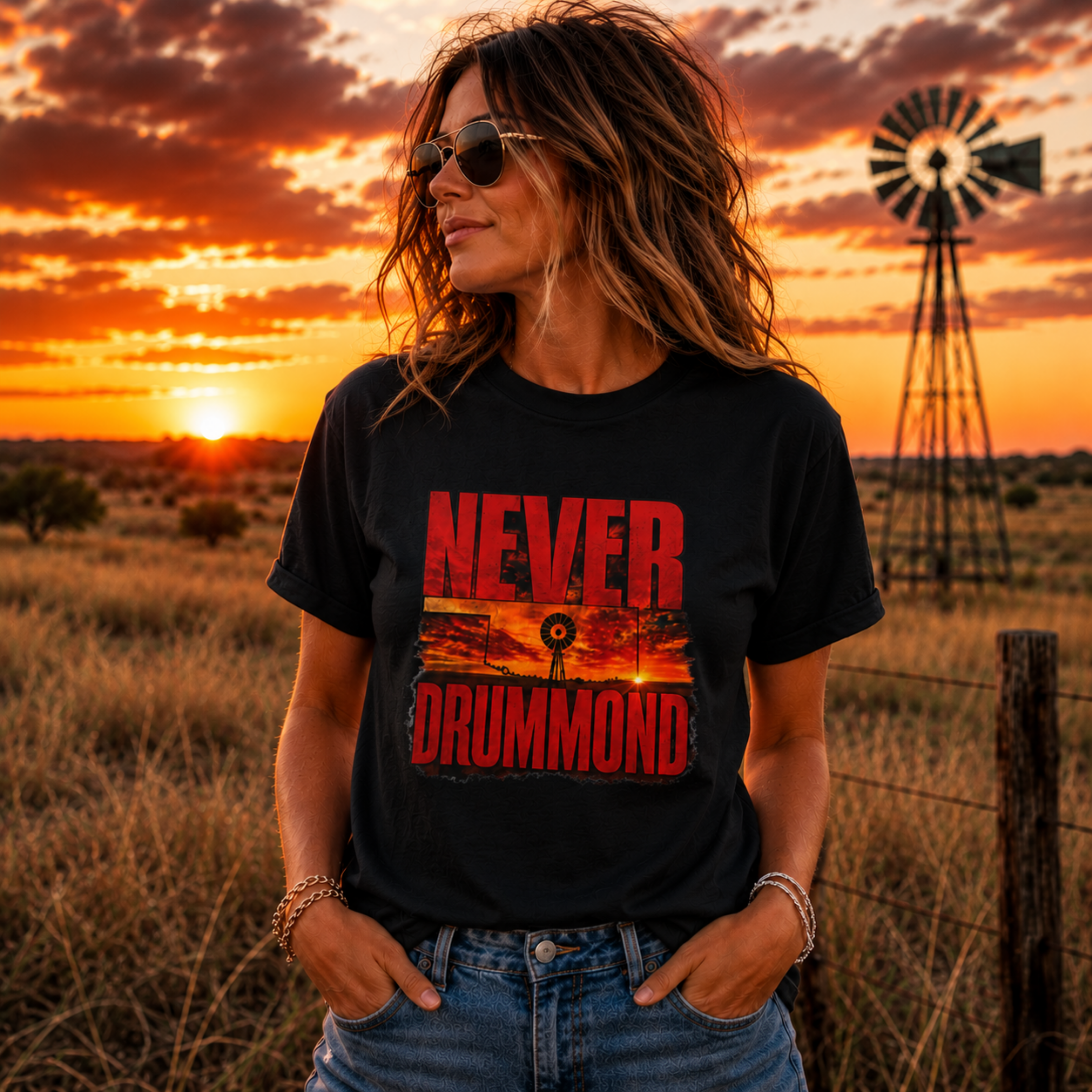 Never Drummond T‑Shirt — Bold Retro Sunset Graphic product thumbnail image Never Drummond T‑Shirt — Bold Retro Sunset Graphic product thumbnail image