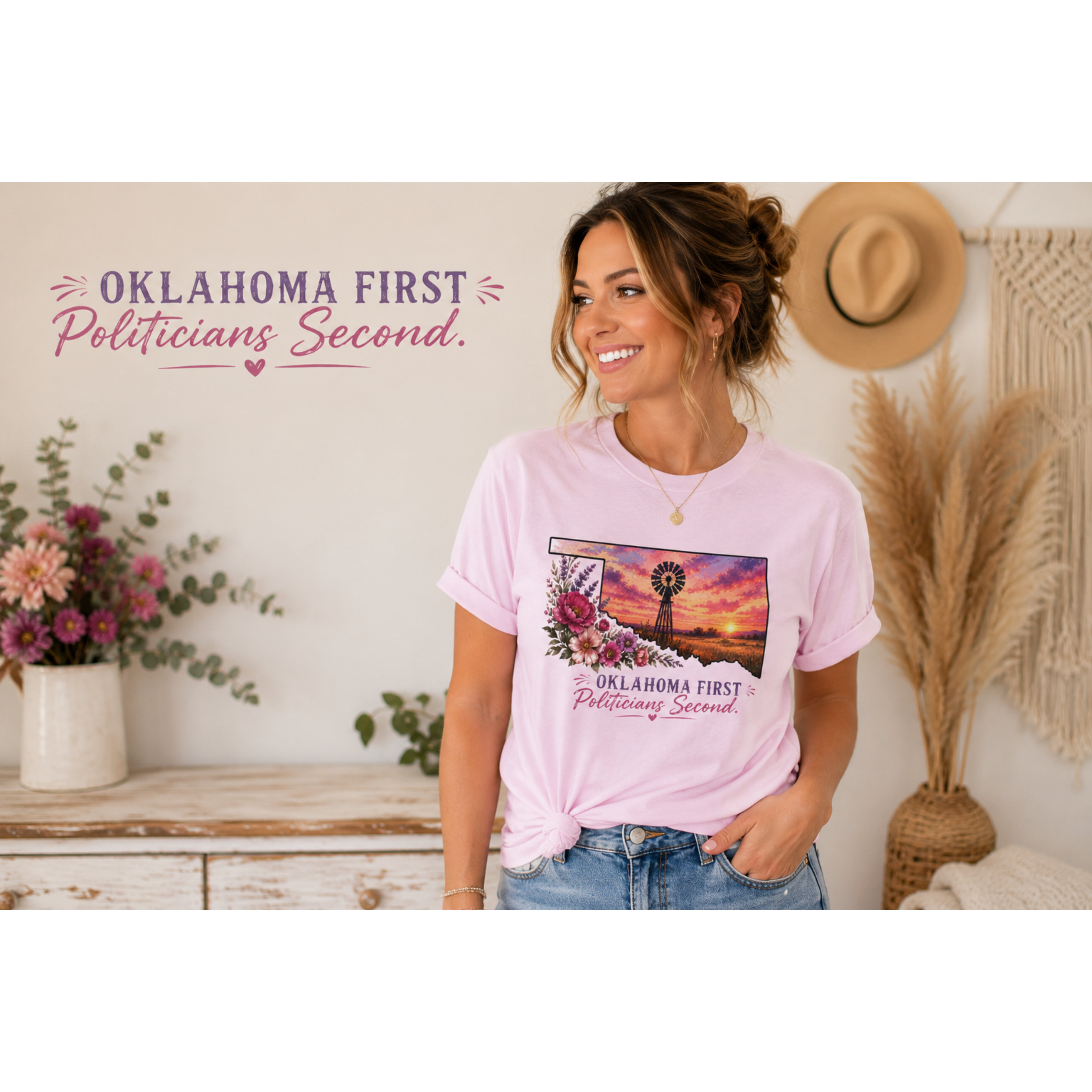 Graphic Tee — Oklahoma First, Politicians Second - Windmill Sunset Floral T-Shirt