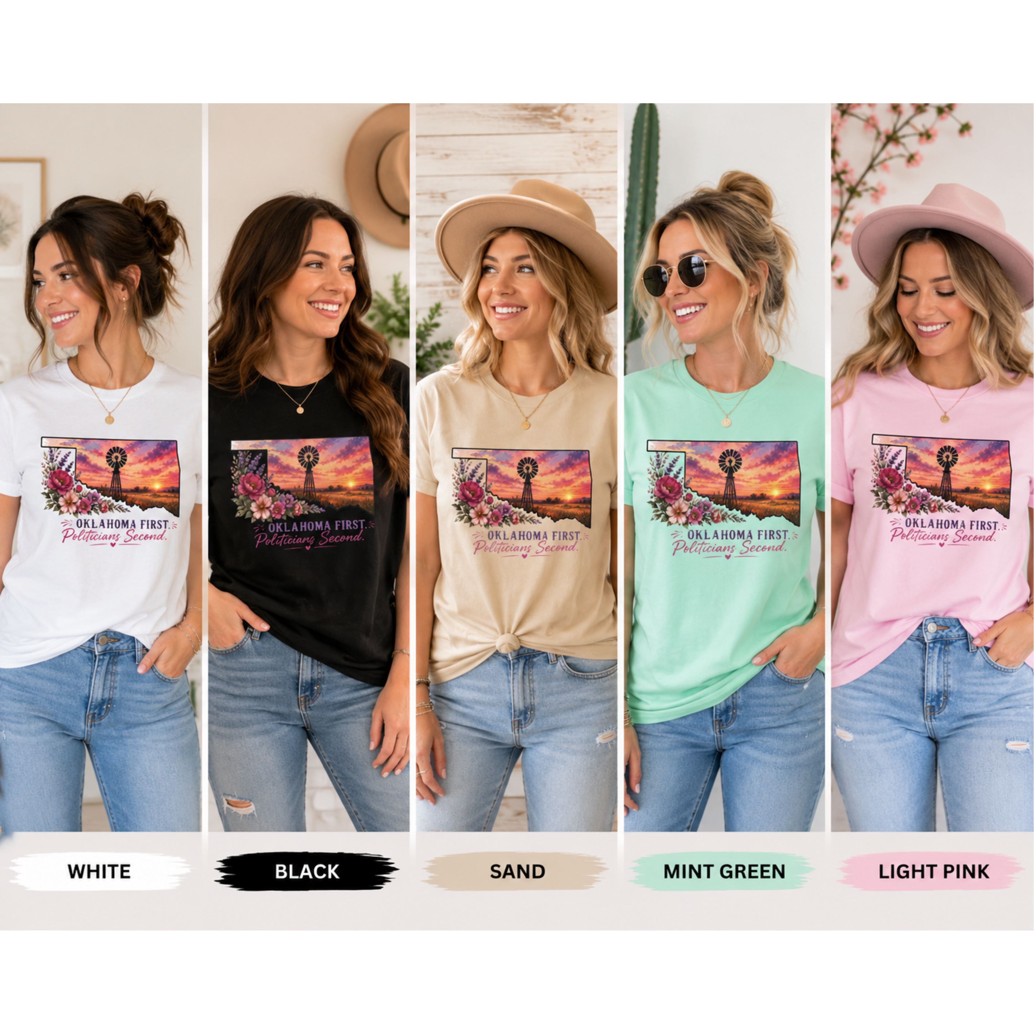 Graphic Tee — Oklahoma First, Politicians Second - Windmill Sunset Floral T-Shirt product thumbnail image Graphic Tee — Oklahoma First, Politicians Second - Windmill Sunset Floral T-Shirt product thumbnail image