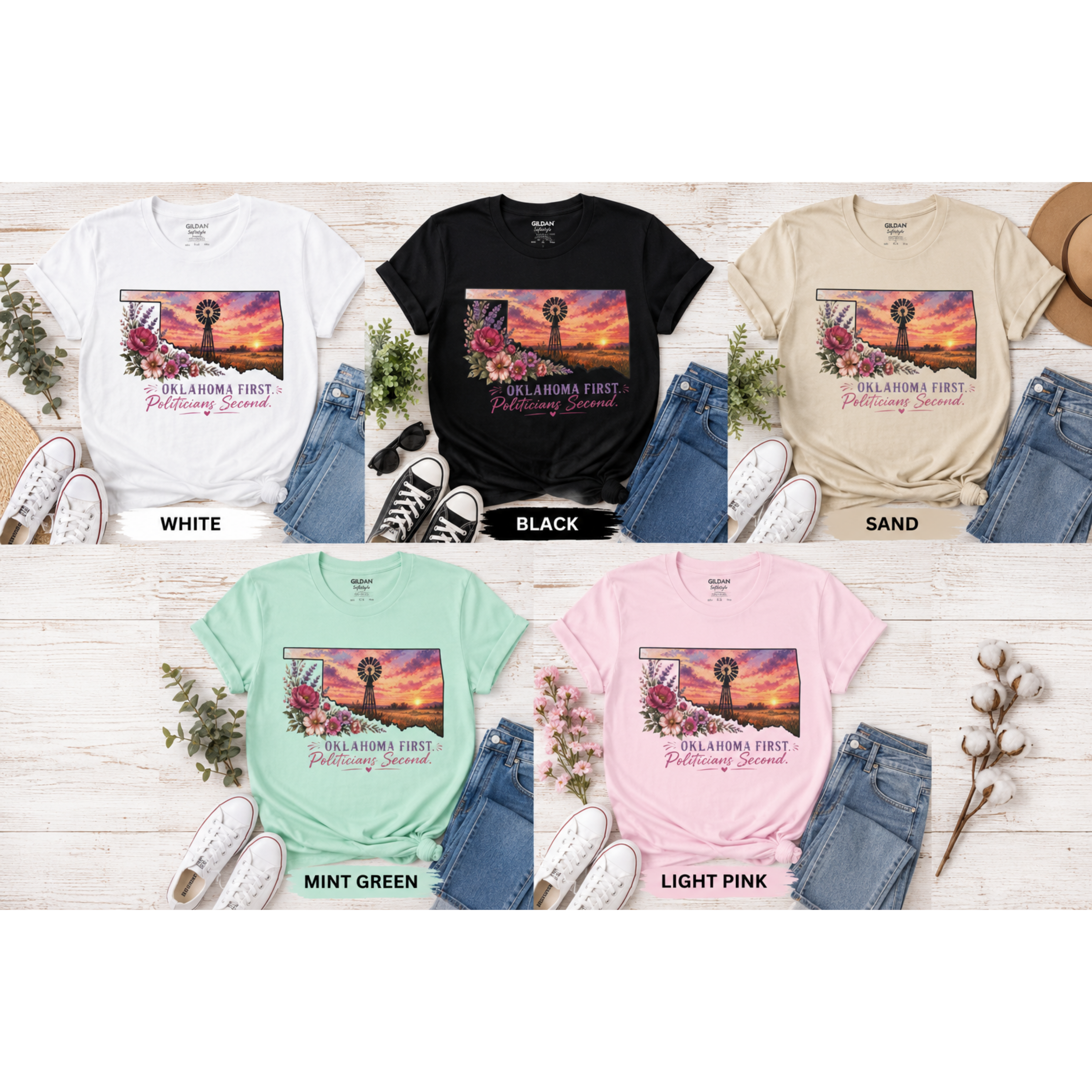 Graphic Tee — Oklahoma First, Politicians Second - Windmill Sunset Floral T-Shirt product thumbnail image Graphic Tee — Oklahoma First, Politicians Second - Windmill Sunset Floral T-Shirt product thumbnail image