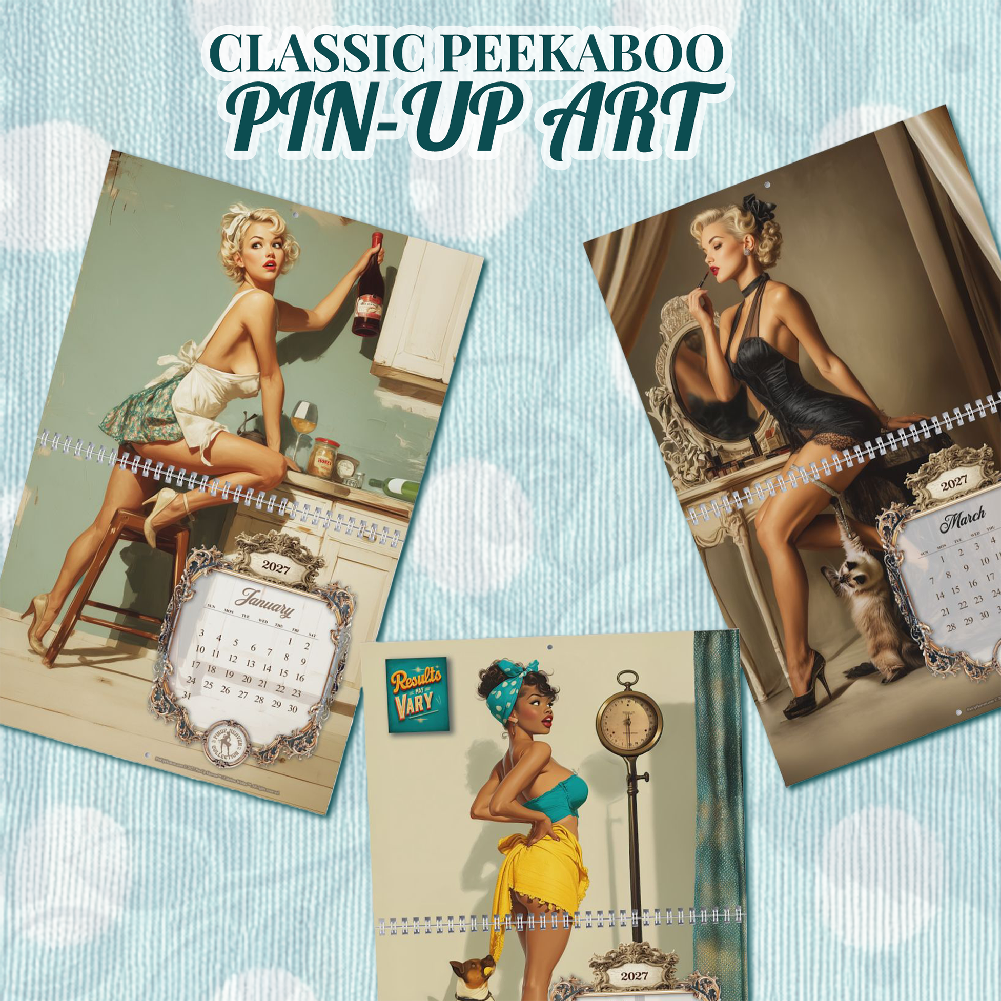 2027 Pin Up Calendar – Caught in the Act XL Gallery Edition, Vintage Norman Rockwell–Inspired Pinup Art, Funny Retro Wall Art Calendar, 2-Panel Artwork Display product thumbnail image 2027 Pin Up Calendar – Caught in the Act XL Gallery Edition, Vintage Norman Rockwell–Inspired Pinup Art, Funny Retro Wall Art Calendar, 2-Panel Artwork Display product thumbnail image