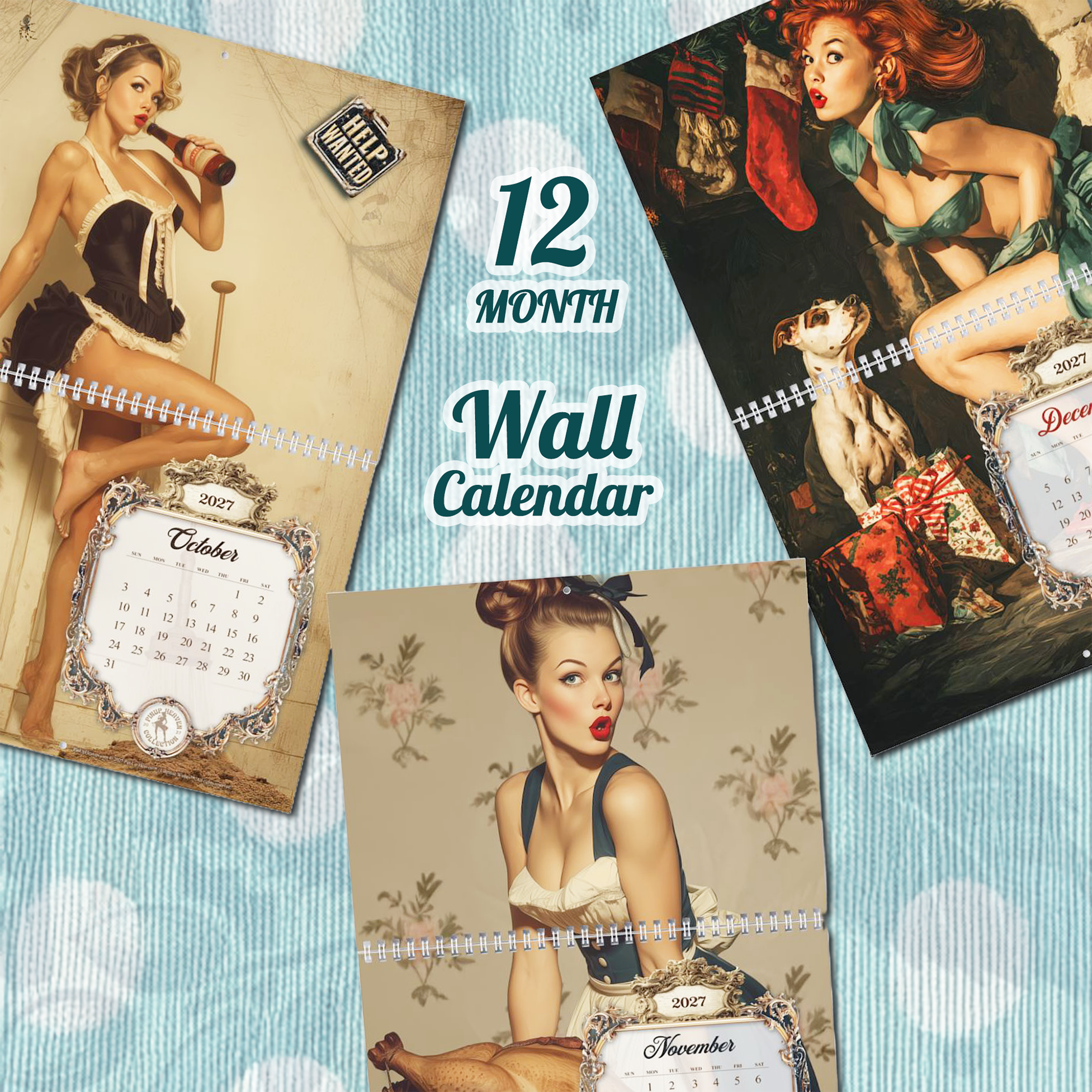 2027 Pin Up Calendar – Caught in the Act XL Gallery Edition, Vintage Norman Rockwell–Inspired Pinup Art, Funny Retro Wall Art Calendar, 2-Panel Artwork Display product thumbnail image
