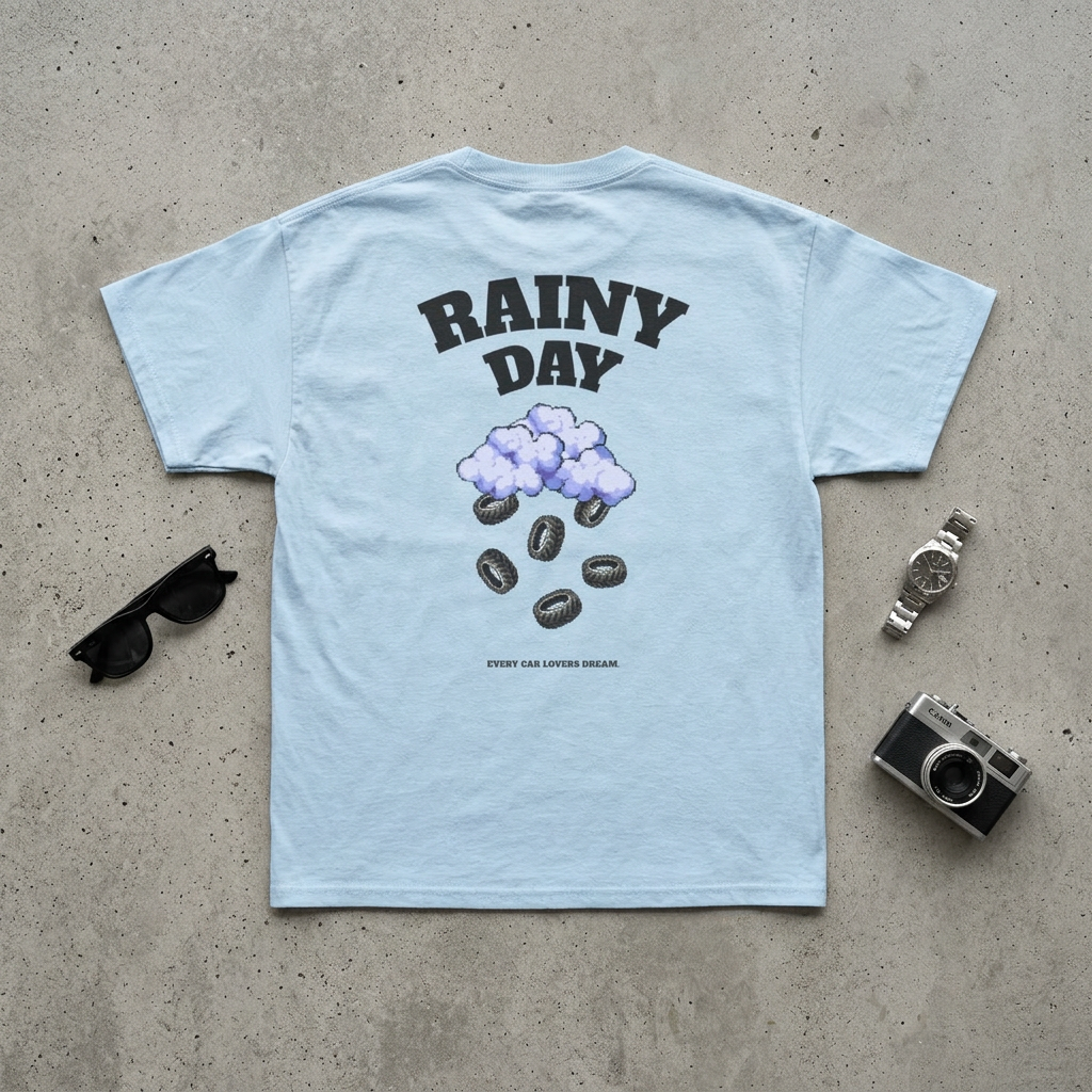 Rainy Day Drifting Tee — Cloud & tyres Graphic T-Shirt product thumbnail image Rainy Day Drifting Tee — Cloud & tyres Graphic T-Shirt product thumbnail image