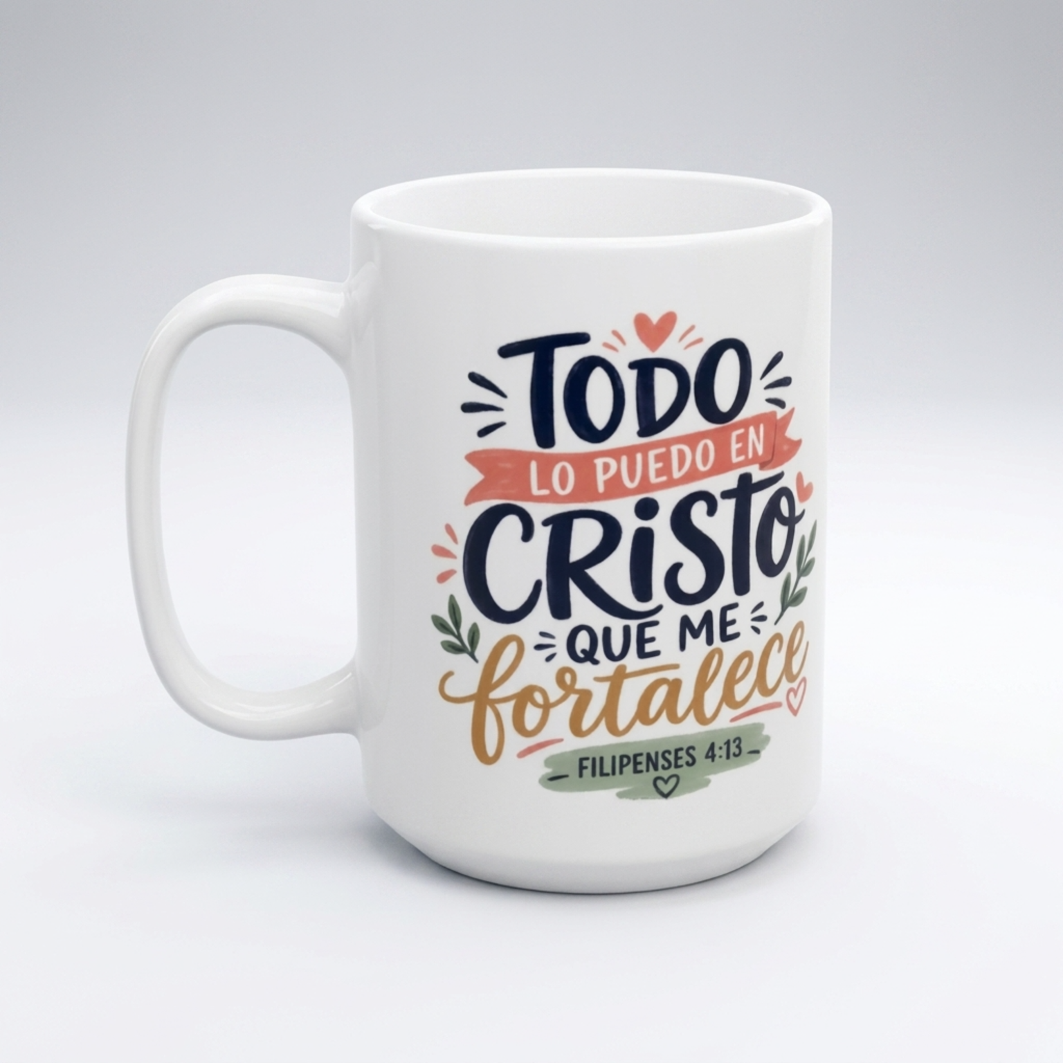 Filipenses 4:13 Typography Mug | TODO CRISTO lettering, gold script fortalece