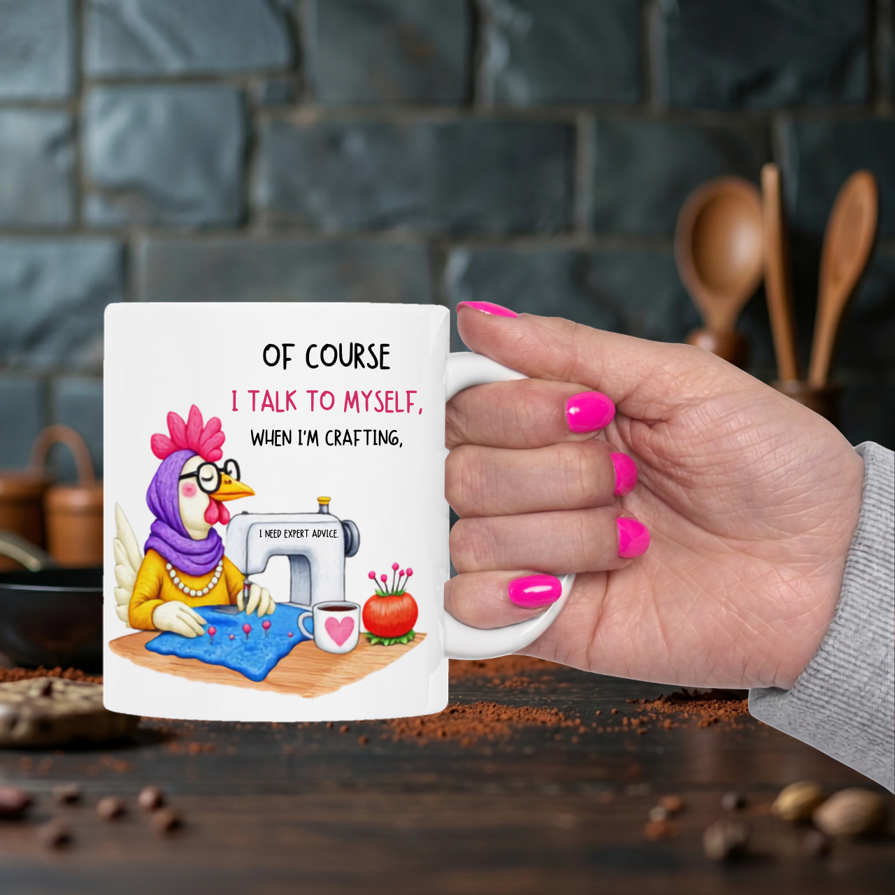 Of course I talk to myself while I'm crafting...I need expert advice. Chicken Character Reading Mug | Funny Coffee Mug with Cartoon Hen and Quote