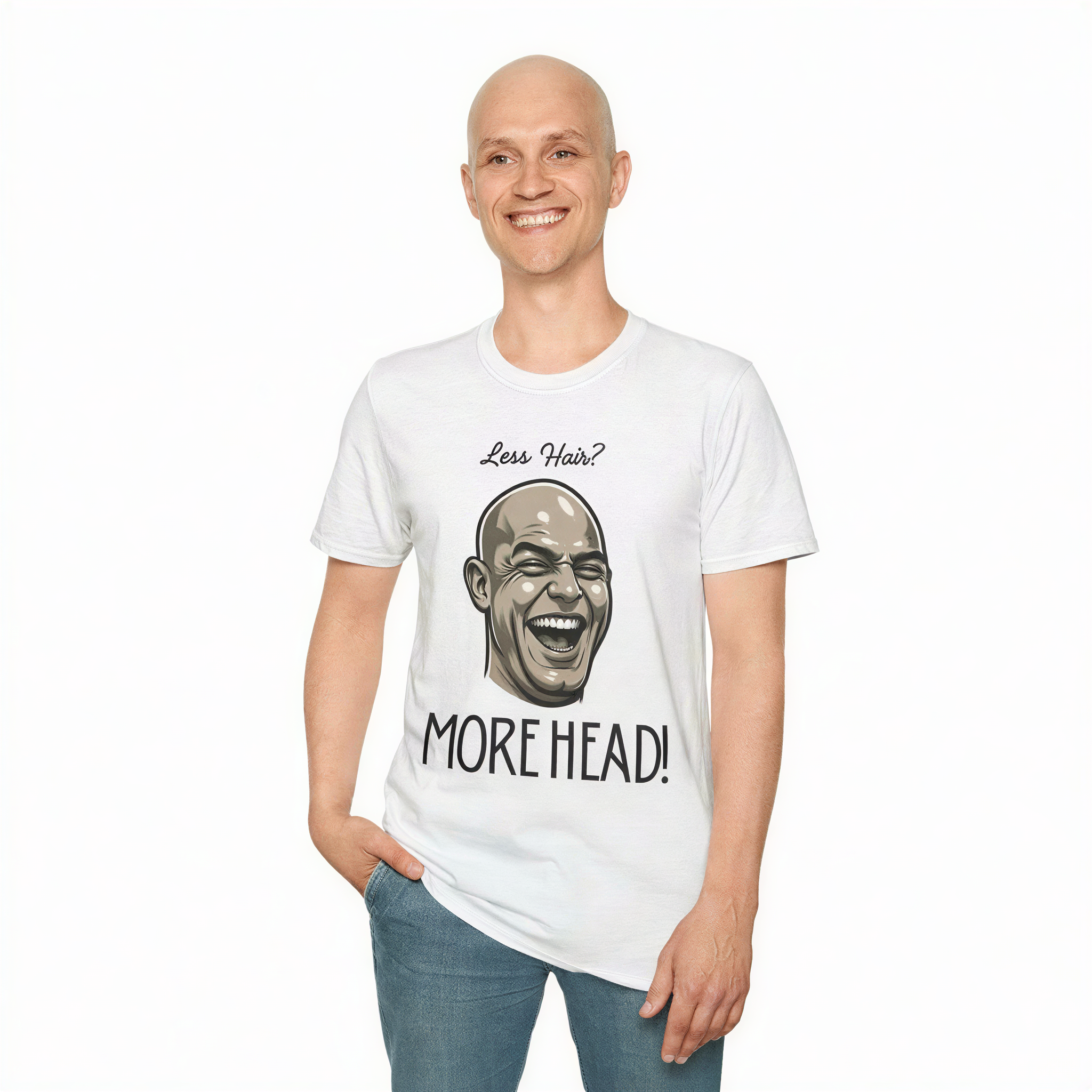 Less Hair? Bald Laughing Head T-Shirt | Funny Bald Guy Tee