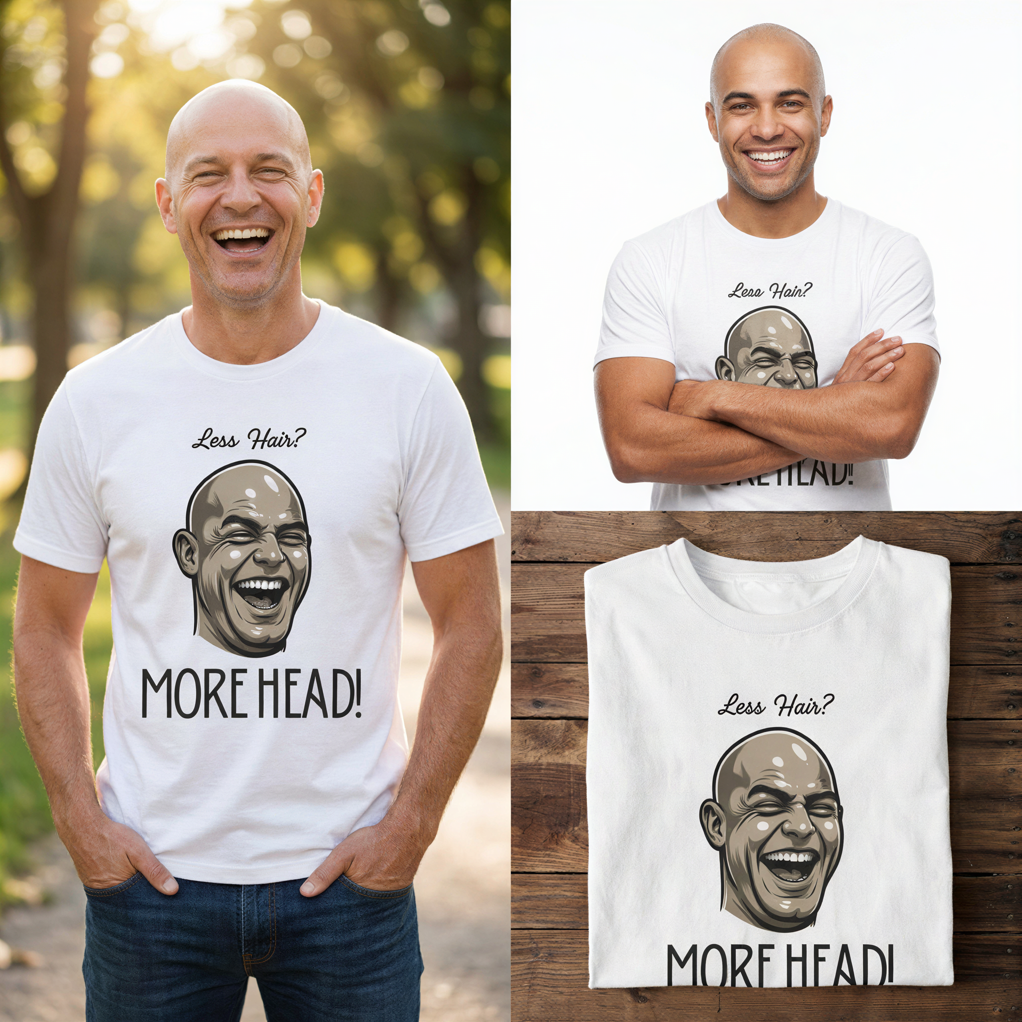 Less Hair? Bald Laughing Head T-Shirt | Funny Bald Guy Tee