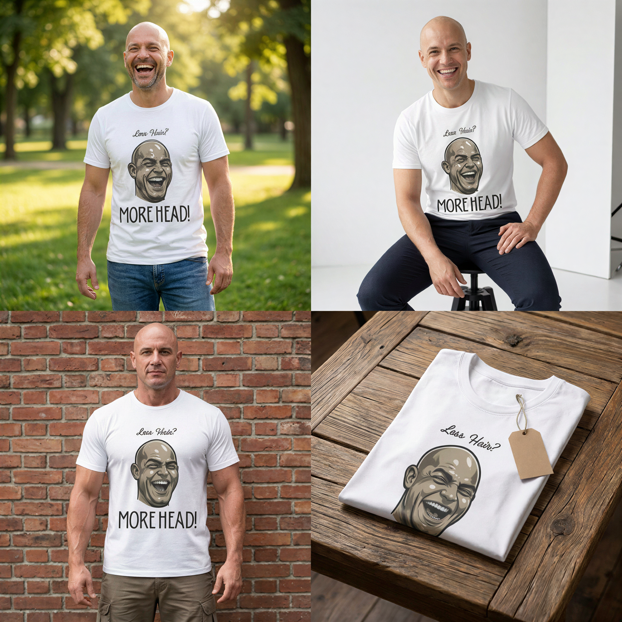 Less Hair? Bald Laughing Head T-Shirt | Funny Bald Guy Tee