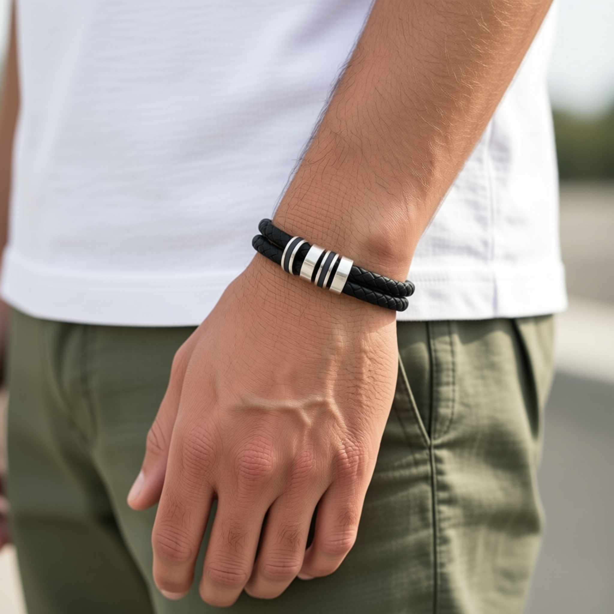 Black Braided Leather Bracelet with Stainless Steel  — Men's Bracelet product thumbnail image