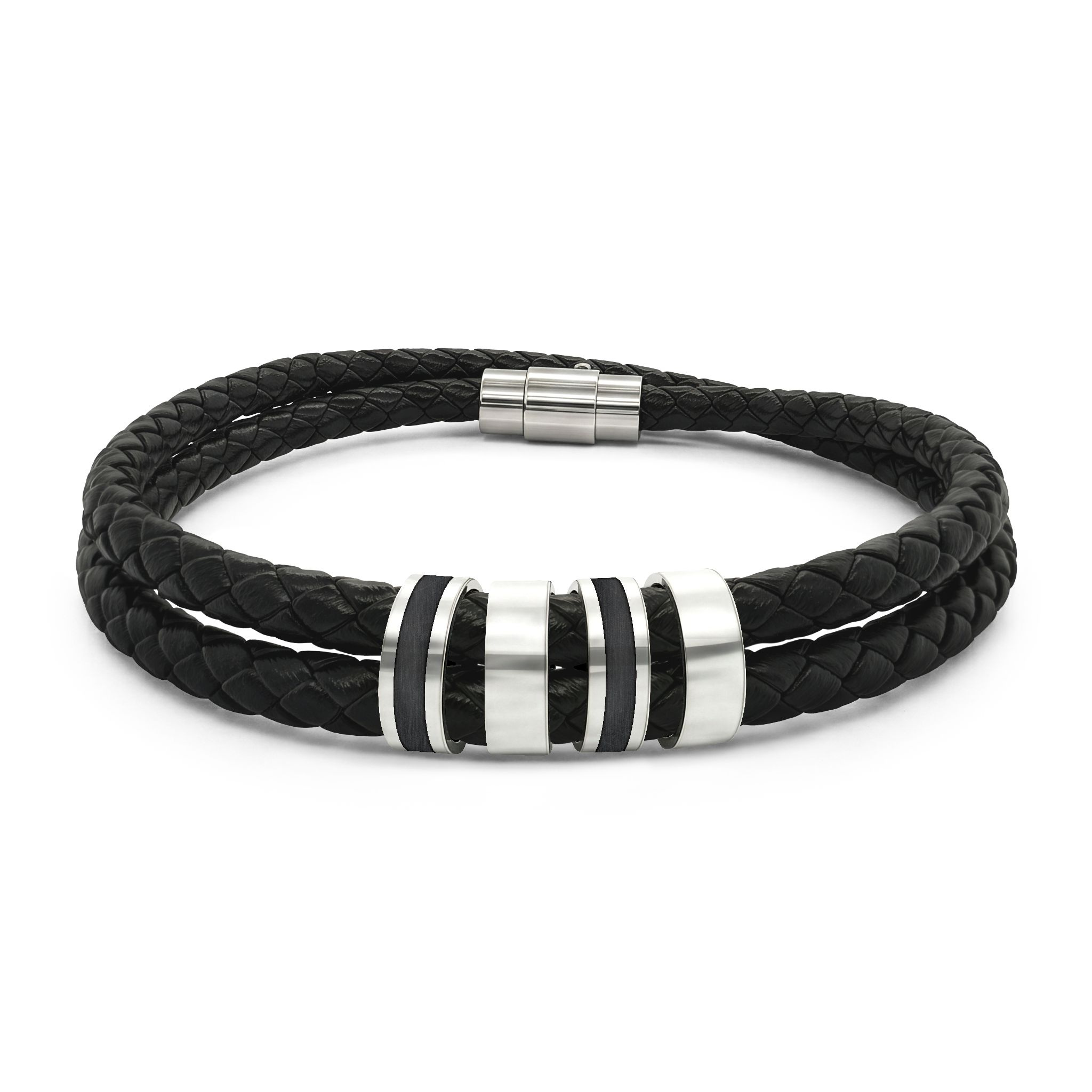 Engravable Black Braided Leather Bracelet with Stainless Steel Beads — Men's Bracelet product thumbnail image