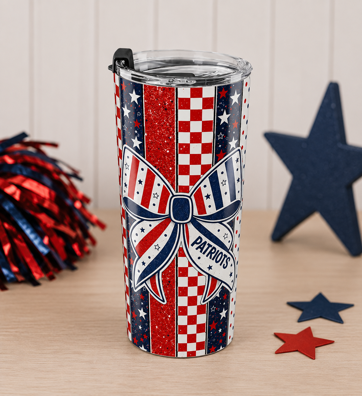 Patriots Bow/Stripes Tumbler 20 oz product thumbnail image Patriots Bow/Stripes Tumbler 20 oz product thumbnail image