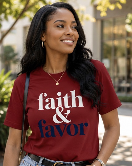 Faith and Favor Women’s Christian Statement Tee – Black, M