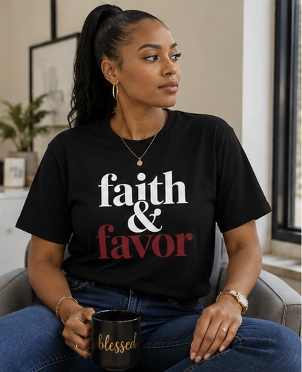 Faith and Favor Women’s Christian Statement Tee – Black, M