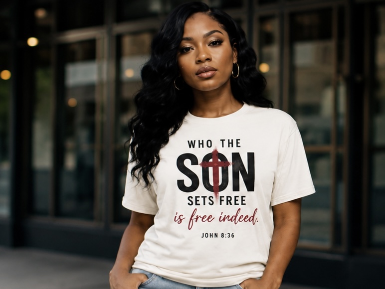 Who the Son Sets Free Women’s Christian Freedom Tee – Black, M