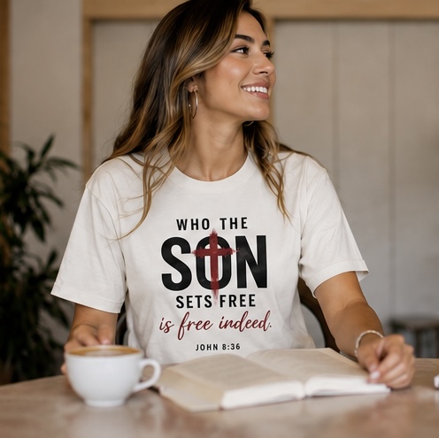 Who the Son Sets Free Women’s Christian Freedom Tee – Black, M