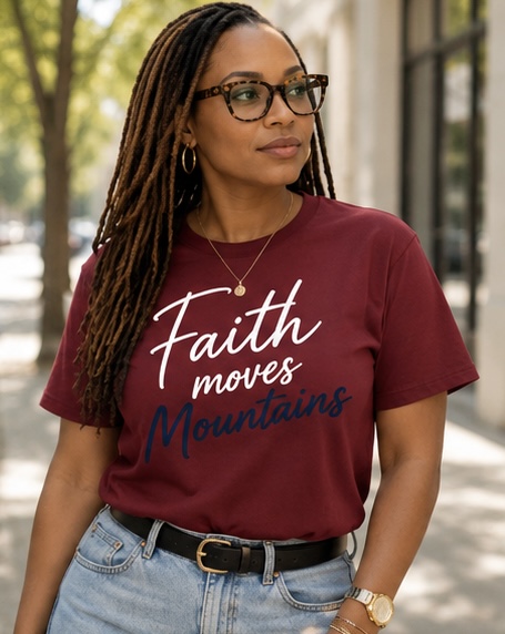 Faith Moves Mountains Women’s Christian Classic Tee – Black, M