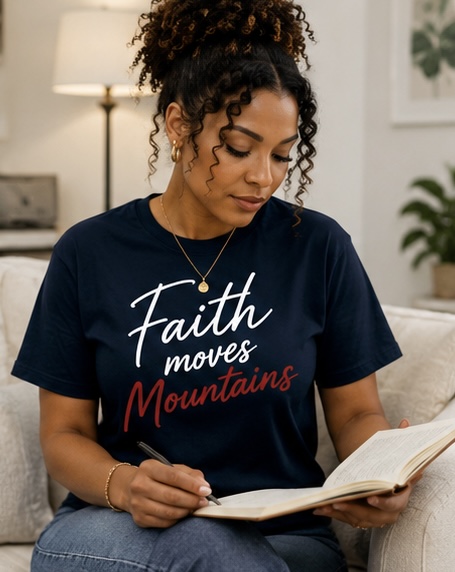 Faith Moves Mountains Women’s Christian Classic Tee – Black, M