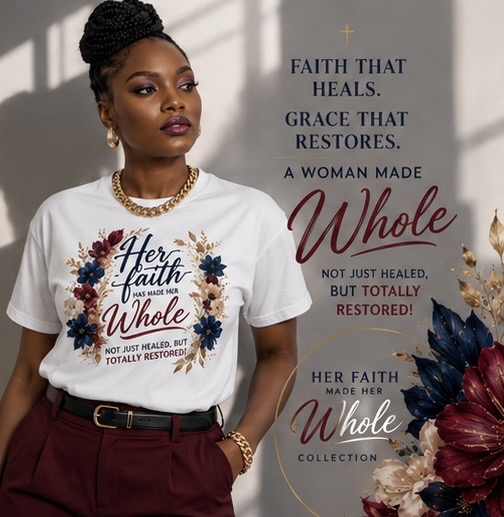 Her Faith Has Made Her Whole Women’s Christian Floral Tee – Black, M