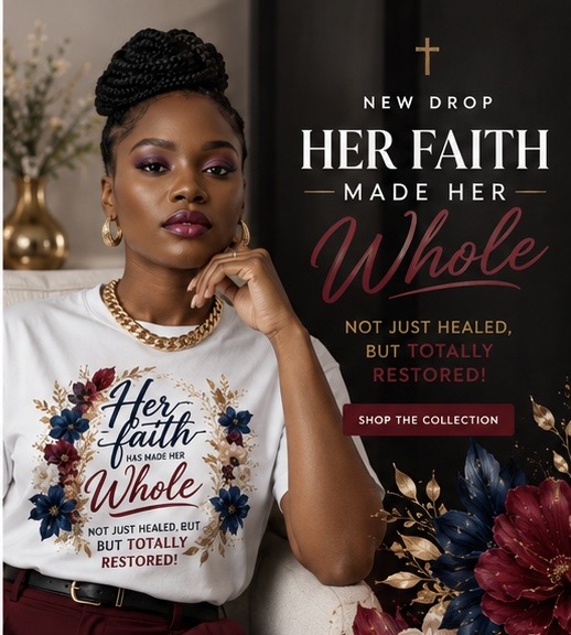 Her Faith Has Made Her Whole Women’s Christian Floral Tee – Black, M