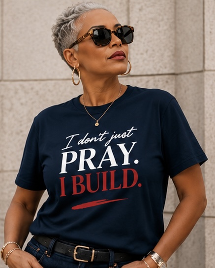 I Don’t Just Pray, I Build Women’s Christian Power Tee – Black, M
